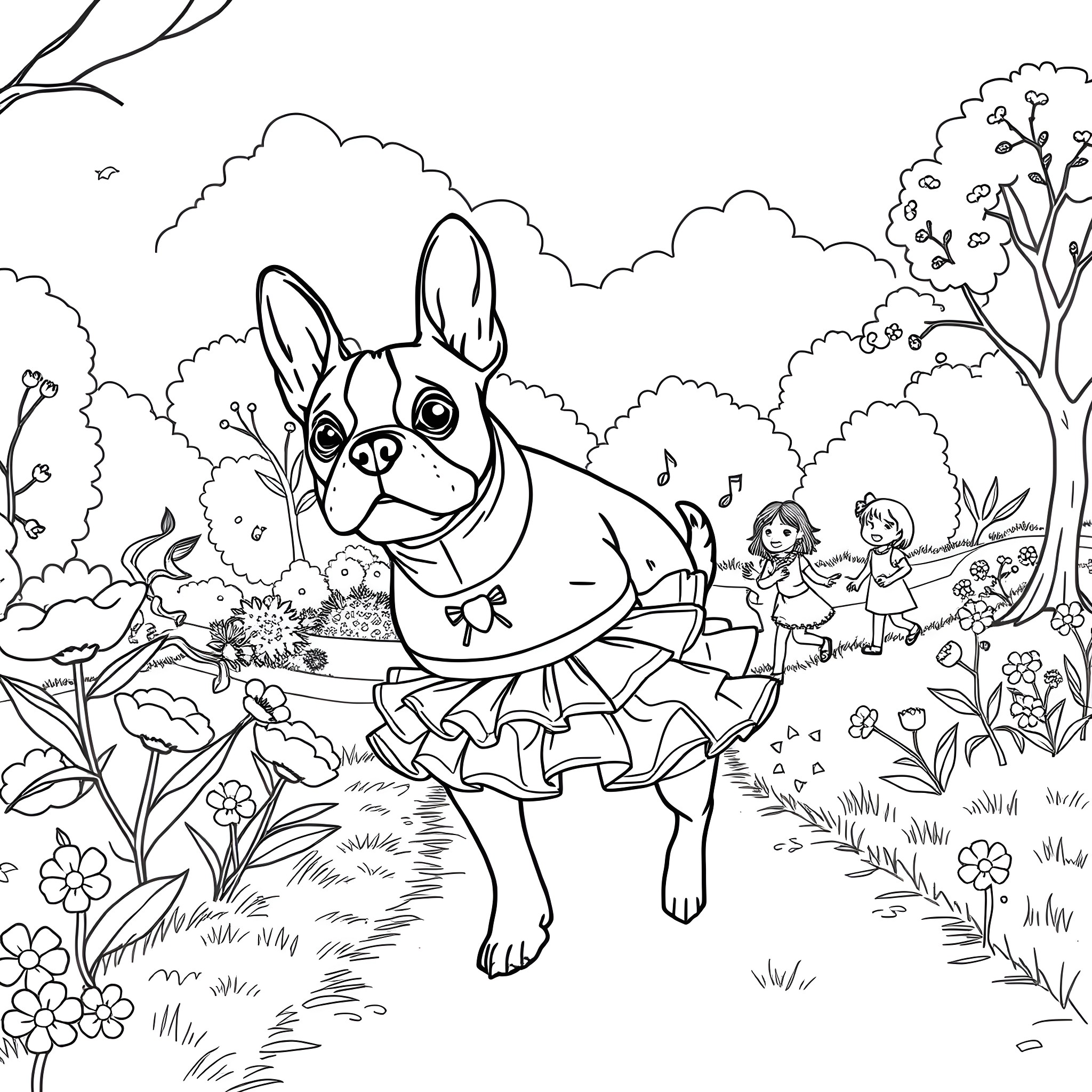 Boston Terrier playing in the enchanted forest Coloring Page (free black-and-white line drawing printable PDF for all, from beginners to advanced learners, including children, teens, adults, and seniors)
