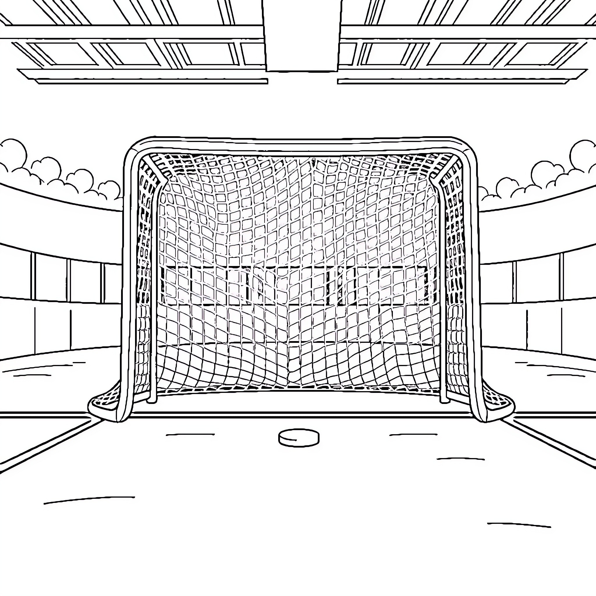 Hockey Goal Scored in the Indoor Arena Coloring Page (free black-and-white line drawing printable PDF for all, from beginners to advanced learners, including children, teens, adults, and seniors)