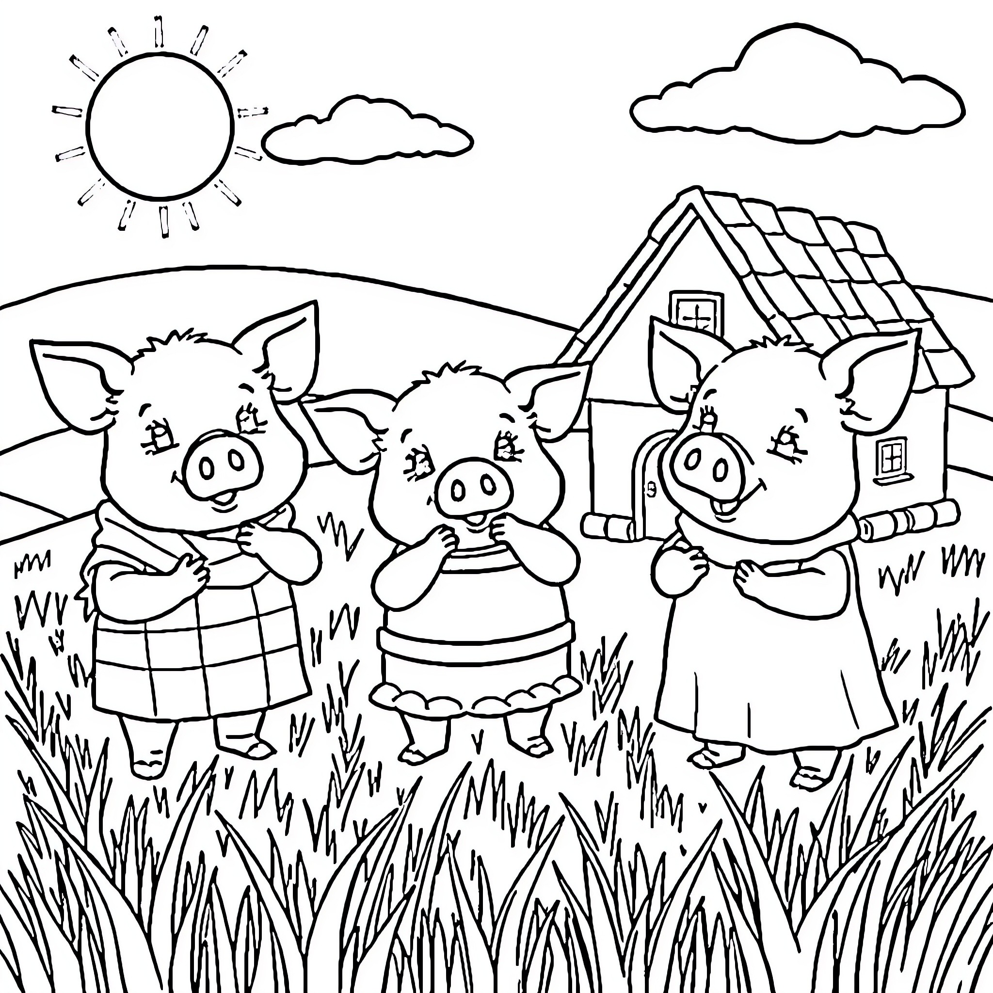 Pigs enjoying a sunny day on the farm Coloring Page (free black-and-white line drawing printable PDF for all, from beginners to advanced learners, including children, teens, adults, and seniors)