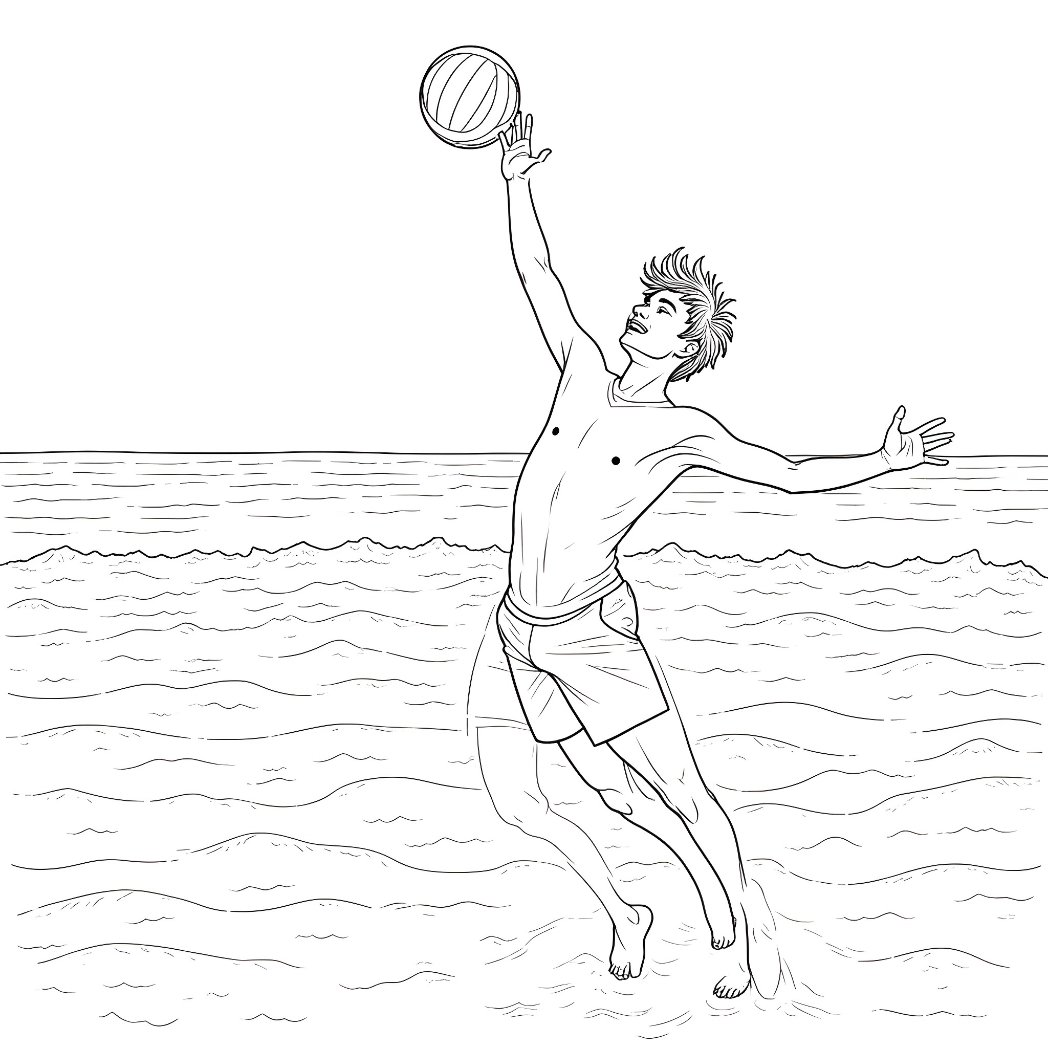 Atsushi Nakajima playing with a beach ball in the water Coloring Page (free black-and-white line drawing printable PDF for all, from beginners to advanced learners, including children, teens, adults, and seniors)
