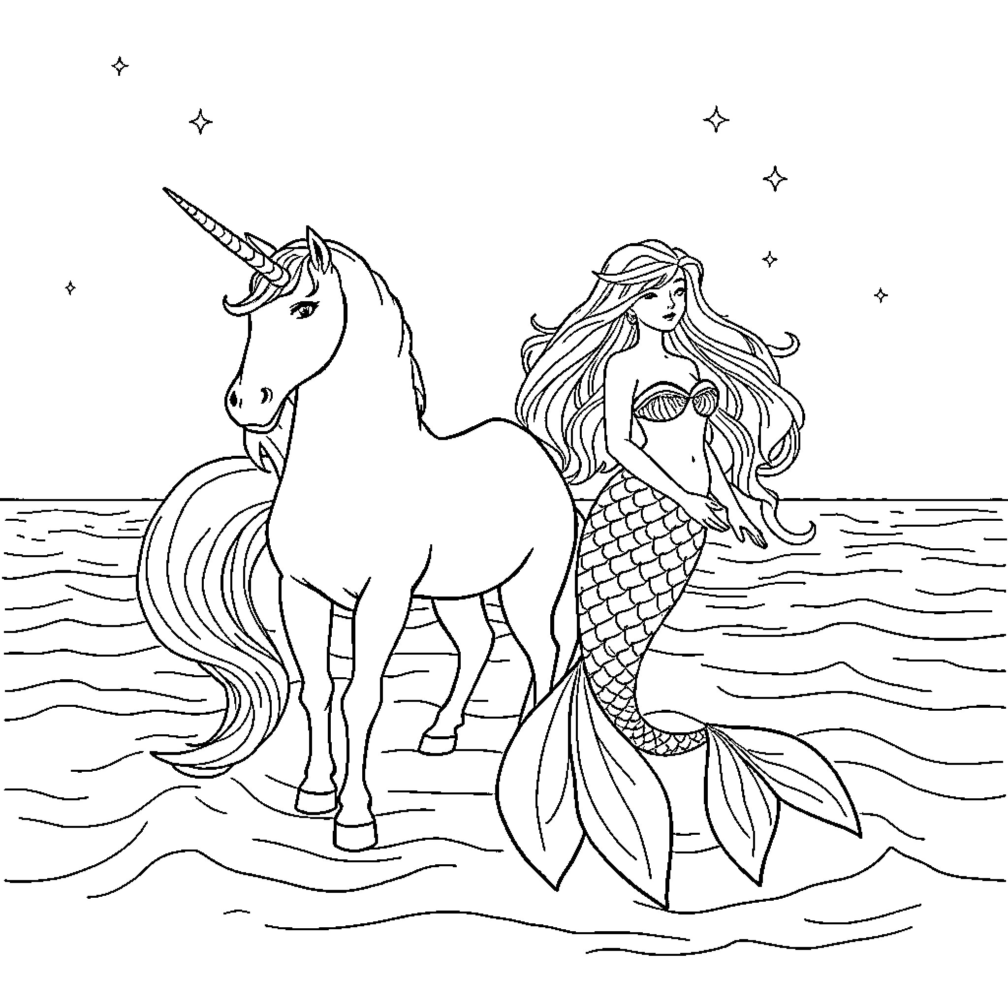 Unicorn and Mermaid Exploring the Enchanted Seascape Coloring Page (free black-and-white line drawing printable PDF for all, from beginners to advanced learners, including children, teens, adults, and seniors)