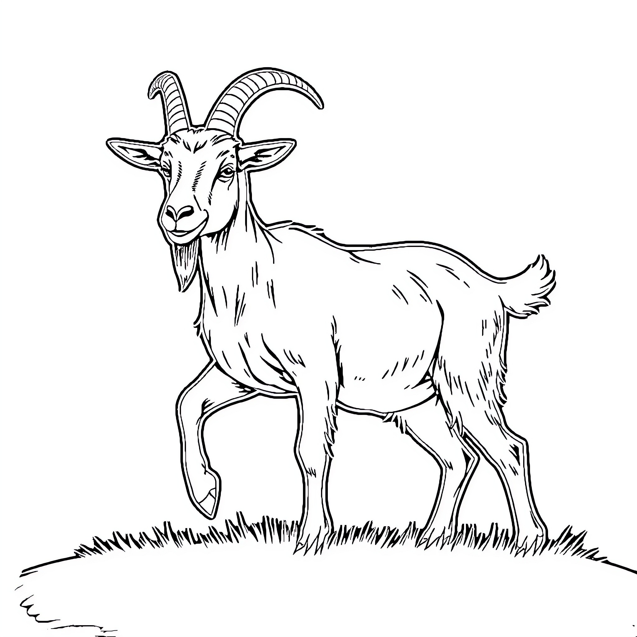 Goat standing confidently in the field Coloring Page (free black-and-white line drawing printable PDF for all, from beginners to advanced learners, including children, teens, adults, and seniors)