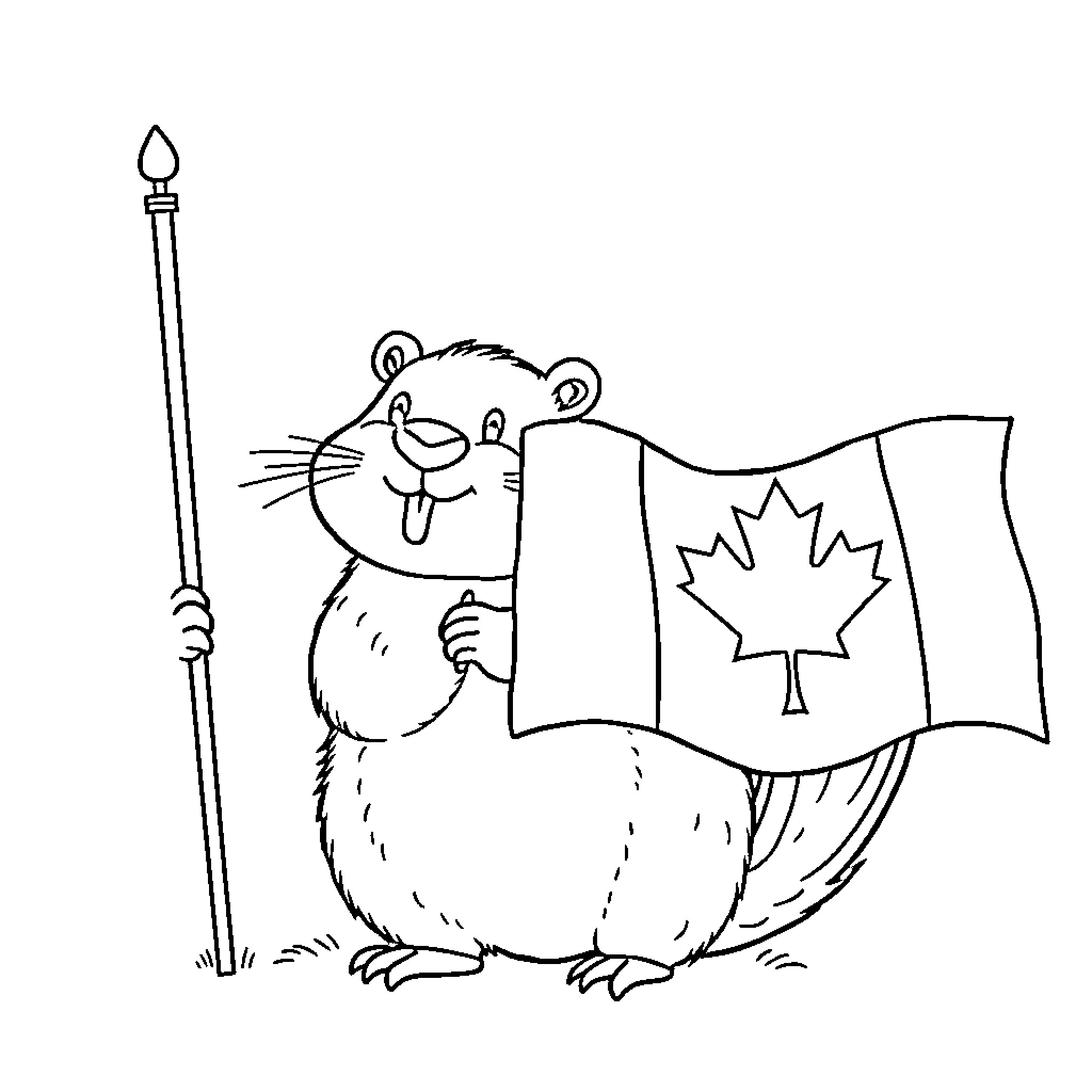 Beaver proudly waving Canadian flag Coloring Page (free black-and-white line drawing printable PDF for all, from beginners to advanced learners, including children, teens, adults, and seniors)