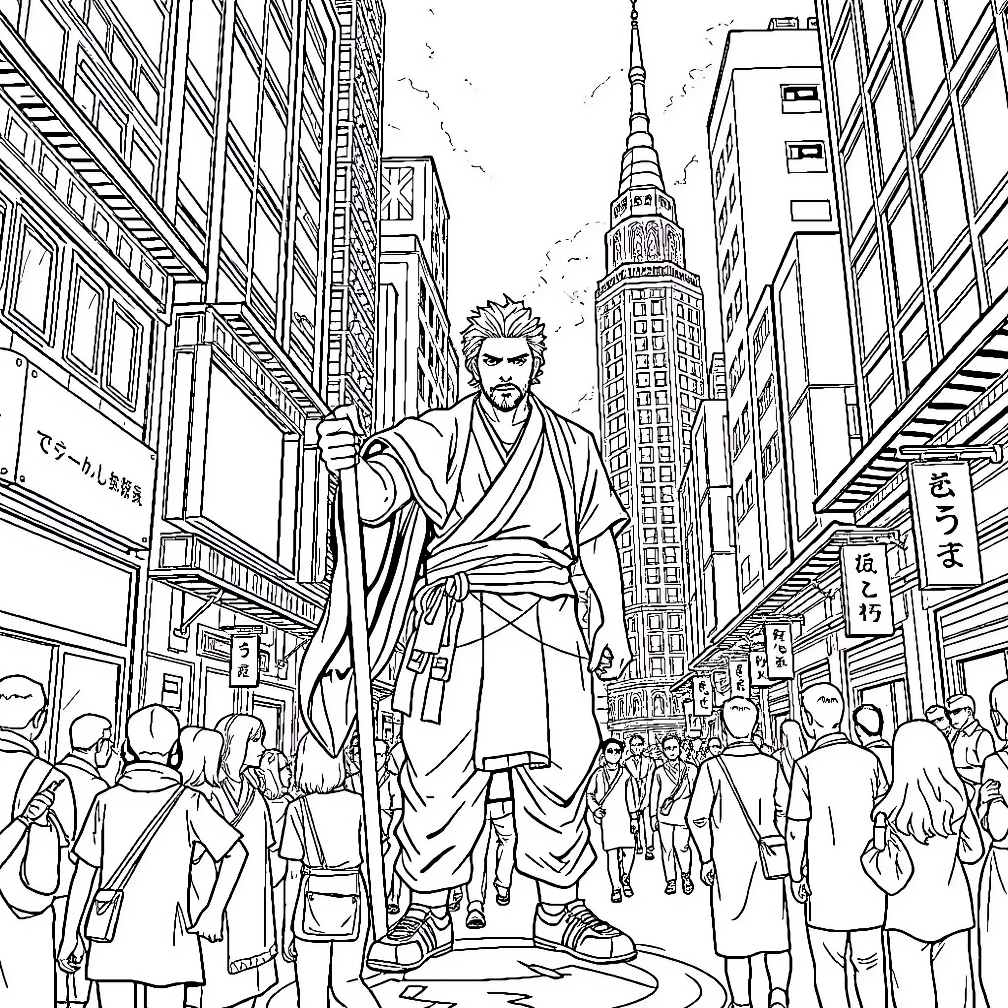 Songoku walking through bustling city streets Coloring Page (free black-and-white line drawing printable PDF for all, from beginners to advanced learners, including children, teens, adults, and seniors)