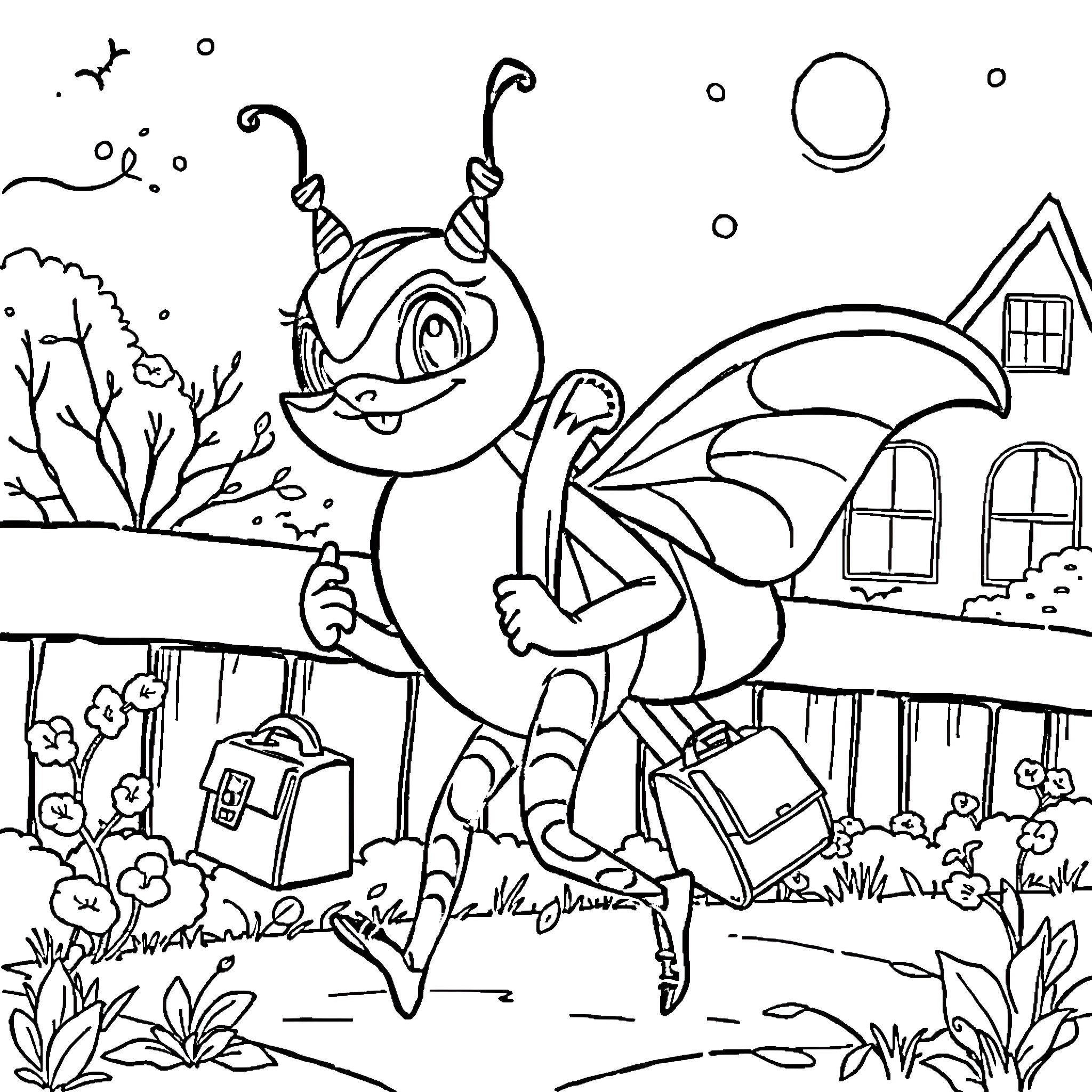 Bat-themed character exploring a neighborhood Coloring Page (free black-and-white line drawing printable PDF for all, from beginners to advanced learners, including children, teens, adults, and seniors)