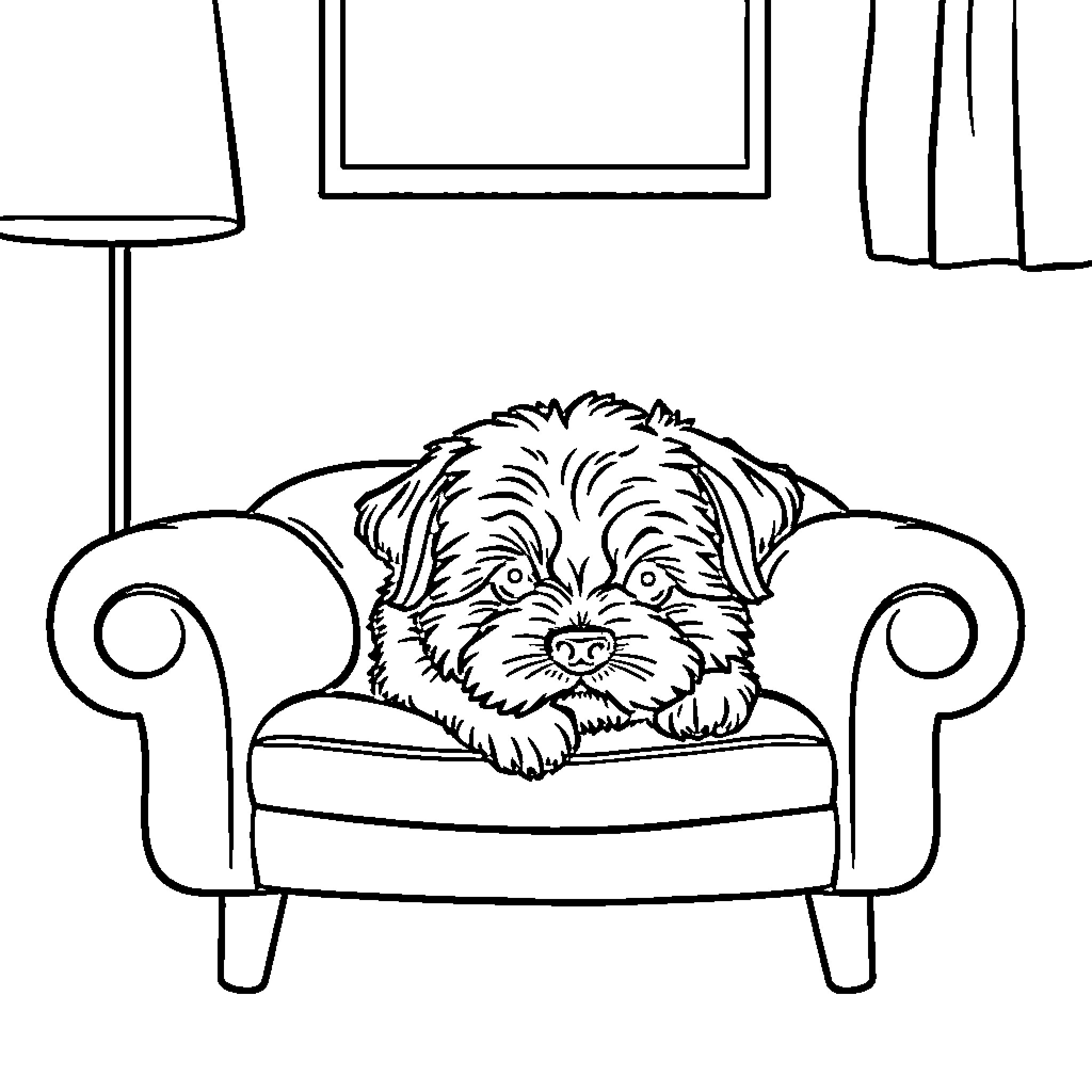 Bichon relaxing peacefully on chair Coloring Page (free black-and-white line drawing printable PDF for all, from beginners to advanced learners, including children, teens, adults, and seniors)