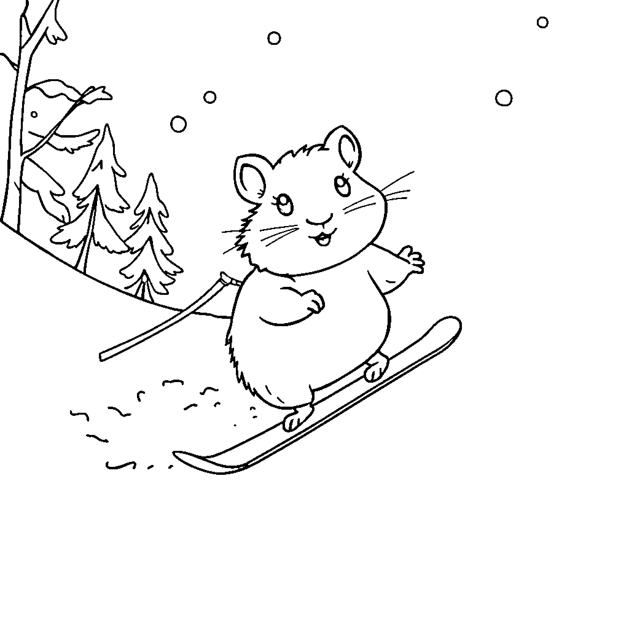 Hamster skiing in the winter wonderland Coloring Page (free black-and-white line drawing printable PDF for all, from beginners to advanced learners, including children, teens, adults, and seniors)