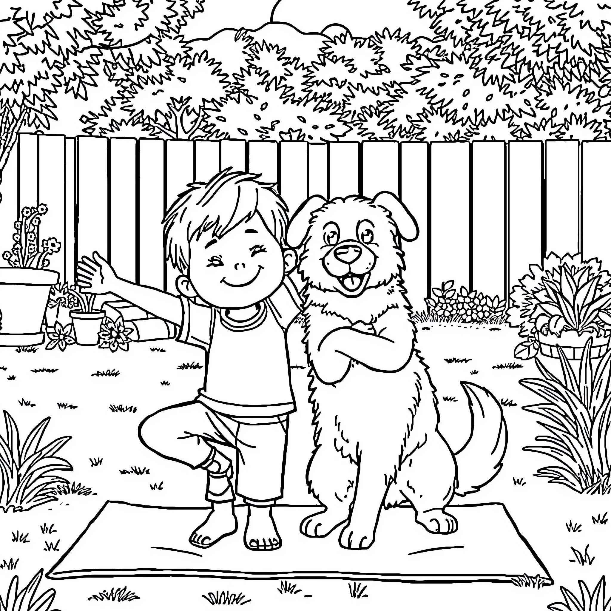 Kid playing happily with pet dog in the yard Coloring Page (free black-and-white line drawing printable PDF for all, from beginners to advanced learners, including children, teens, adults, and seniors)