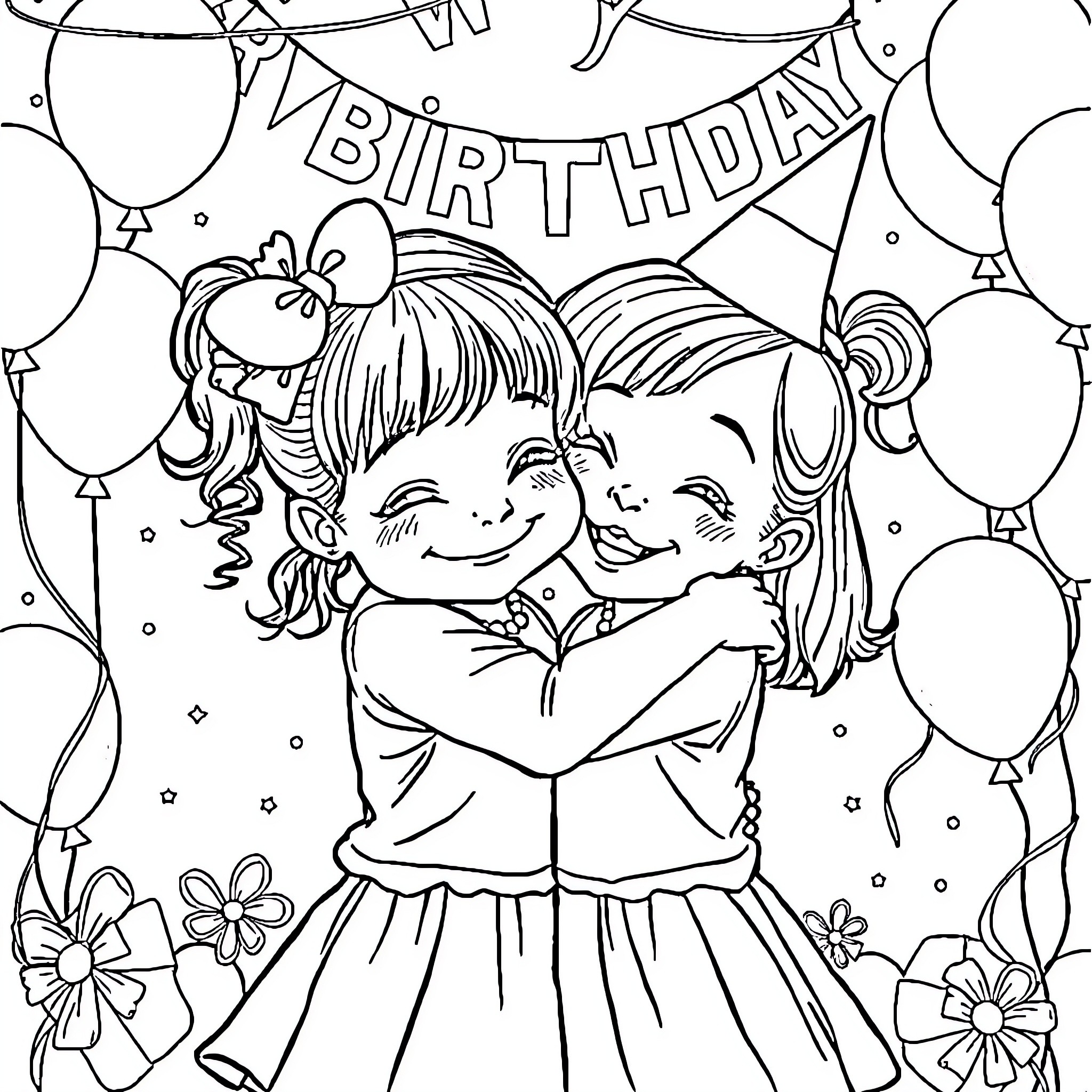 Girls celebrating a birthday together Coloring Page (free black-and-white line drawing printable PDF for all, from beginners to advanced learners, including children, teens, adults, and seniors)