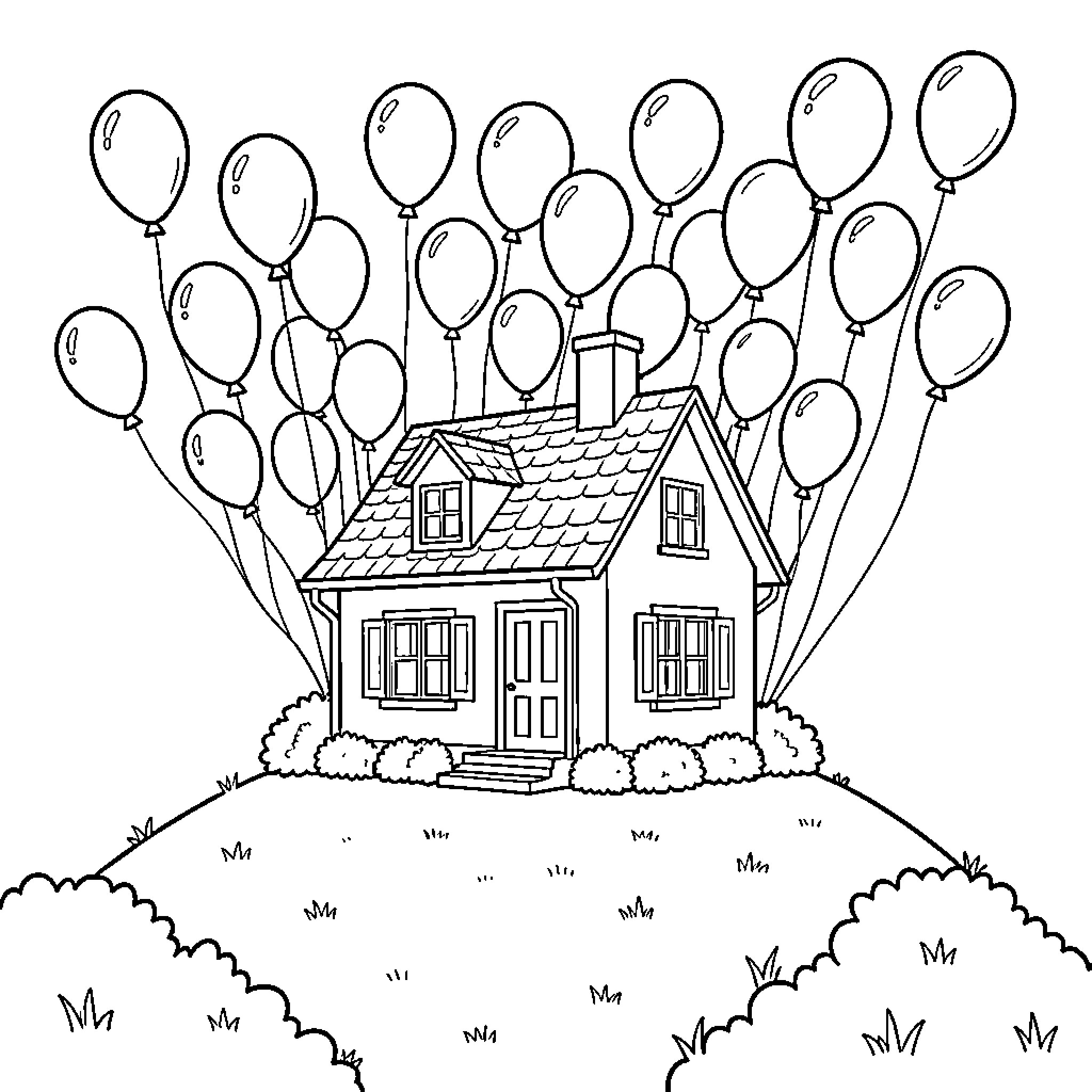 House floating away held by many balloons Coloring Page (free black-and-white line drawing printable PDF for all, from beginners to advanced learners, including children, teens, adults, and seniors)