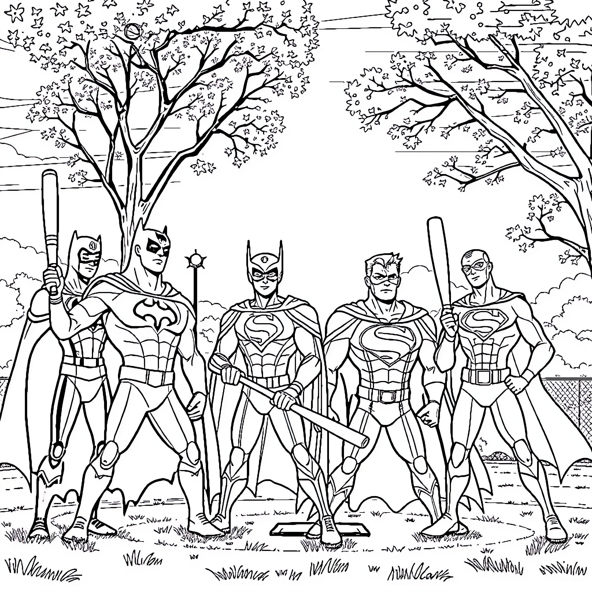 Justice League heroes in action-packed pose Coloring Page (free black-and-white line drawing printable PDF for all, from beginners to advanced learners, including children, teens, adults, and seniors)