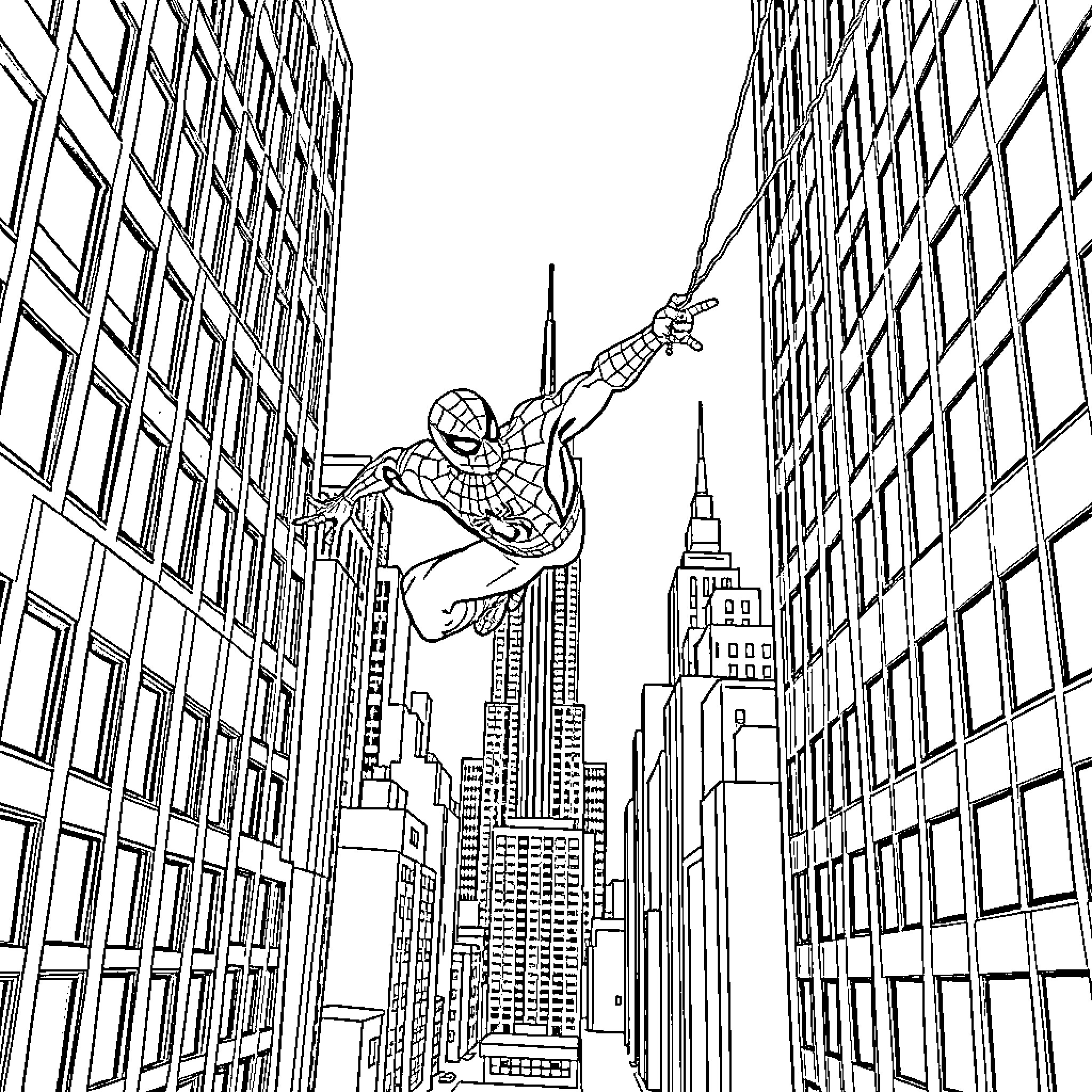 Spider-Man swinging through the city skyline Coloring Page (free black-and-white line drawing printable PDF for all, from beginners to advanced learners, including children, teens, adults, and seniors)