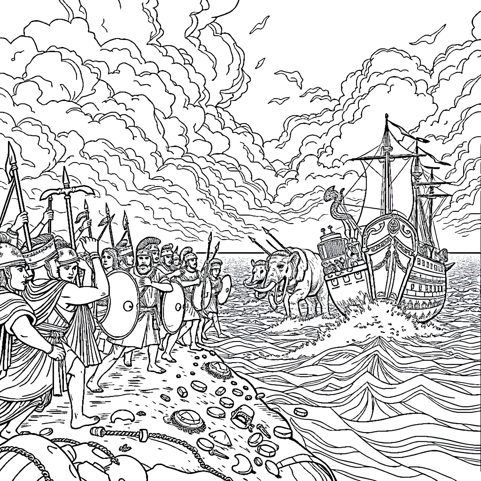 Carthage: Naval Battle and Coastal Destruction Coloring Page (free black-and-white line drawing printable PDF for all, from beginners to advanced learners, including children, teens, adults, and seniors)