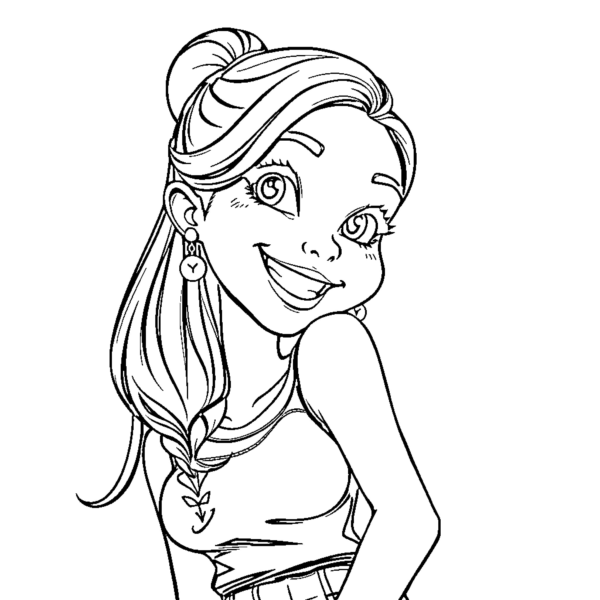 Girl in a happy expression with flowing hair Coloring Page (free black-and-white line drawing printable PDF for all, from beginners to advanced learners, including children, teens, adults, and seniors)