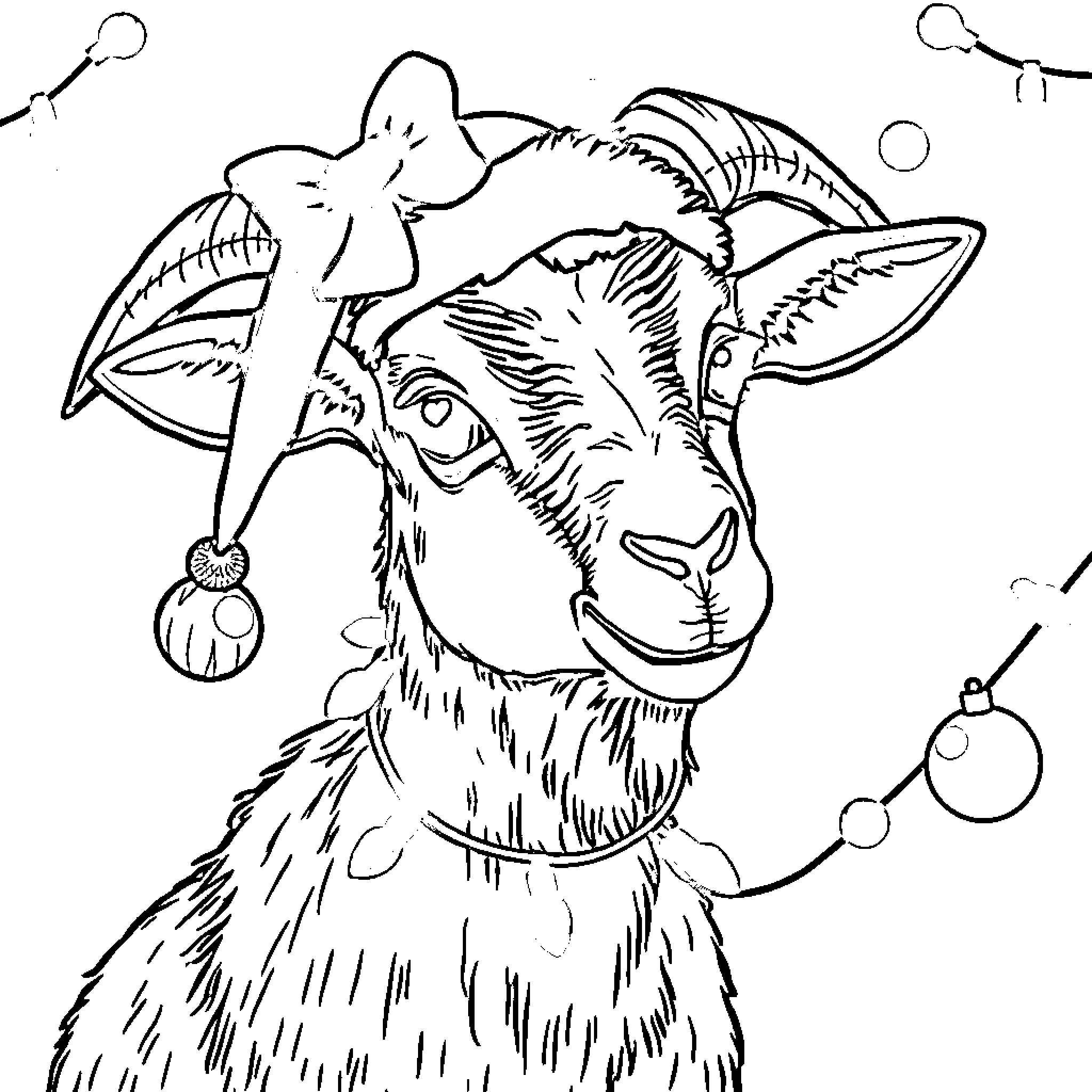 Goat wearing a jester's hat and playing with ornaments Coloring Page (free black-and-white line drawing printable PDF for all, from beginners to advanced learners, including children, teens, adults, and seniors)