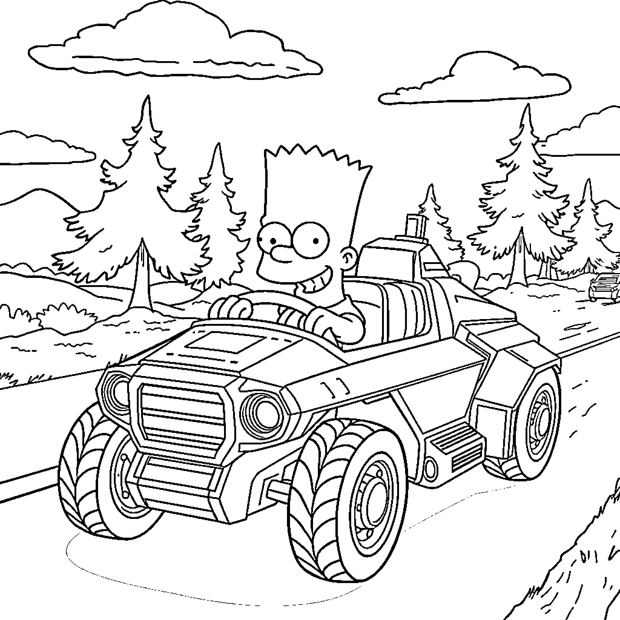 Bart Simpson driving a large off-road vehicle in nature Coloring Page (free black-and-white line drawing printable PDF for all, from beginners to advanced learners, including children, teens, adults, and seniors)
