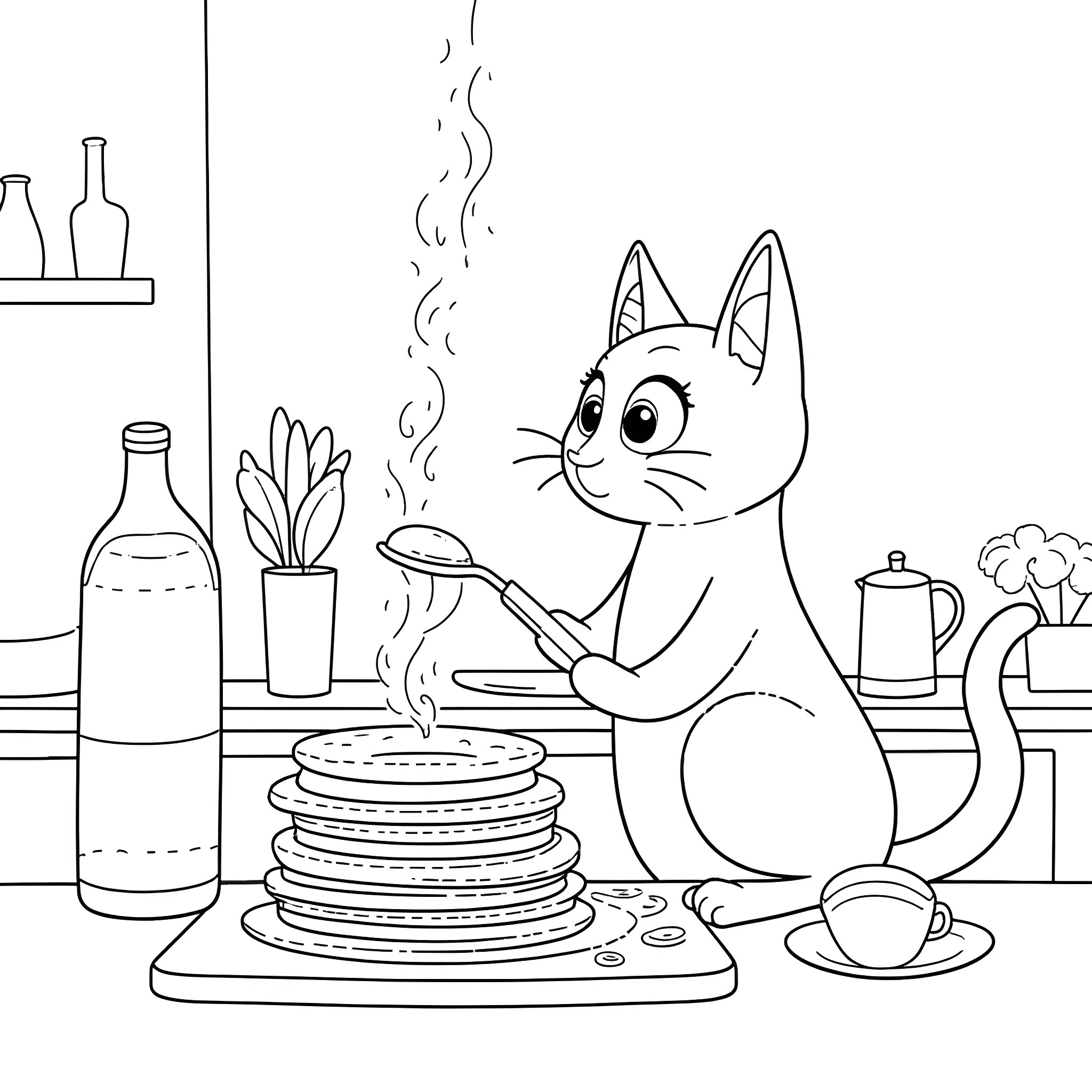 Cat preparing delicious breakfast in the kitchen Coloring Page (free black-and-white line drawing printable PDF for all, from beginners to advanced learners, including children, teens, adults, and seniors)