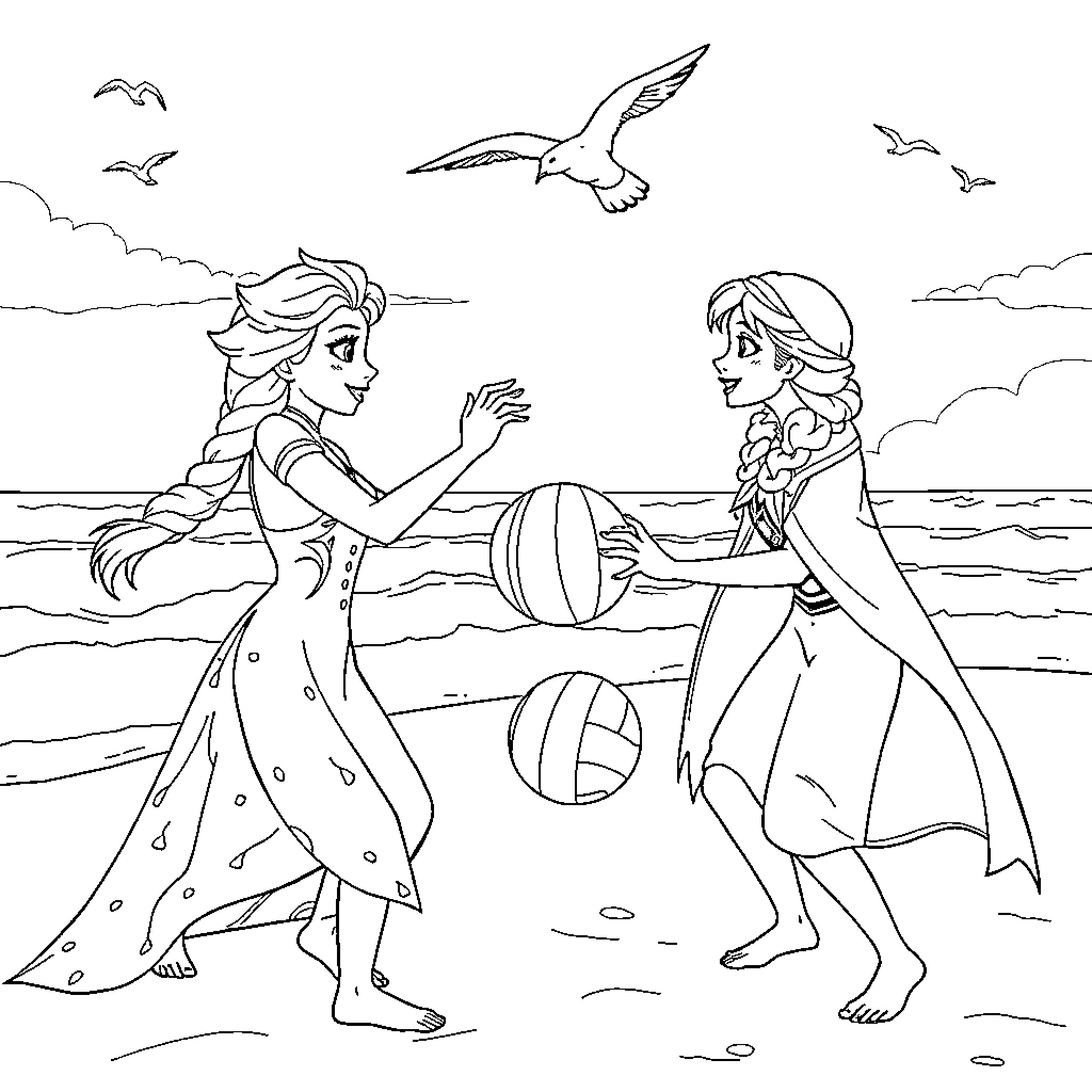 Elsa and Anna playing on the beach Coloring Page (free black-and-white line drawing printable PDF for all, from beginners to advanced learners, including children, teens, adults, and seniors)