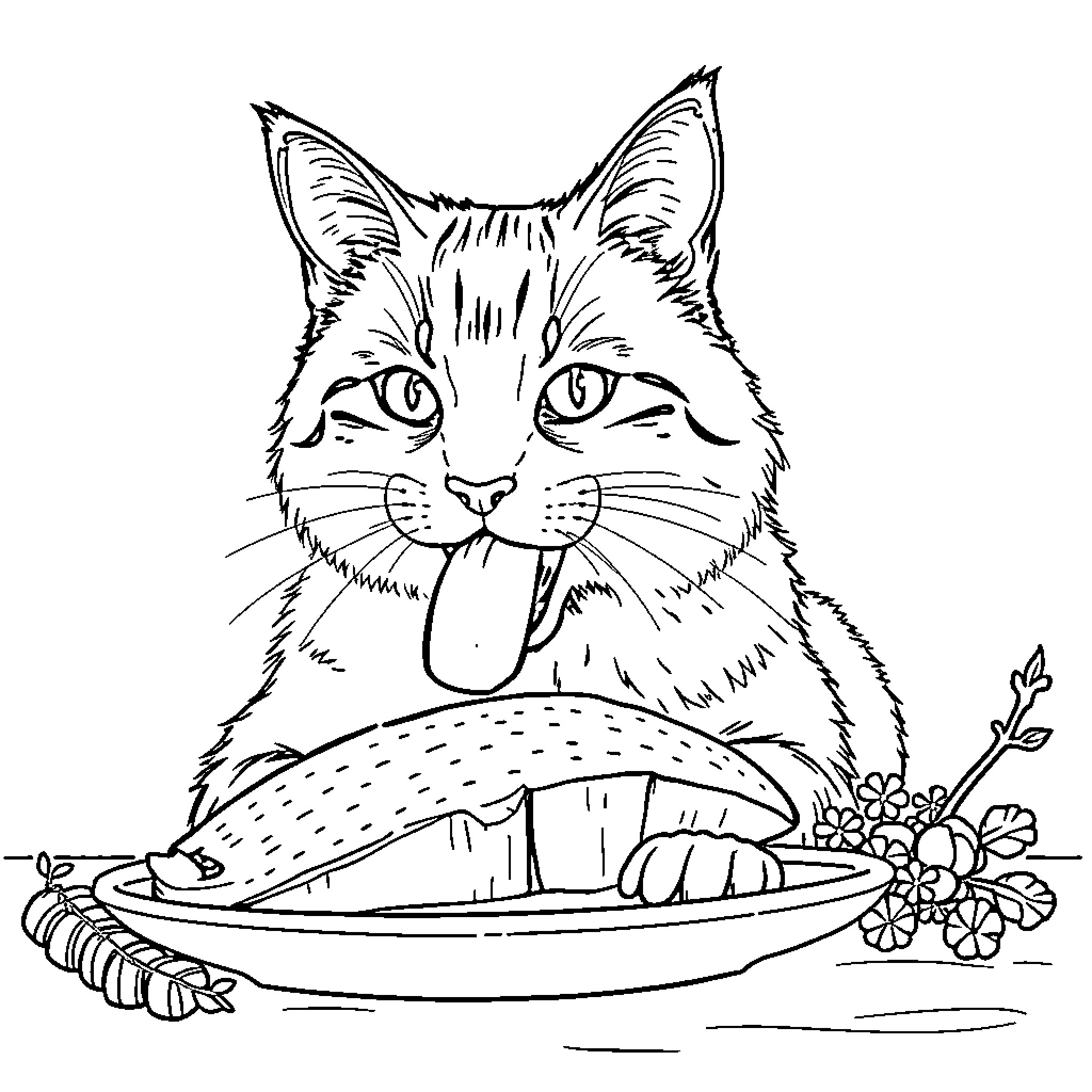 Cat enjoying a tasty treat in a floral setting Coloring Page (free black-and-white line drawing printable PDF for all, from beginners to advanced learners, including children, teens, adults, and seniors)