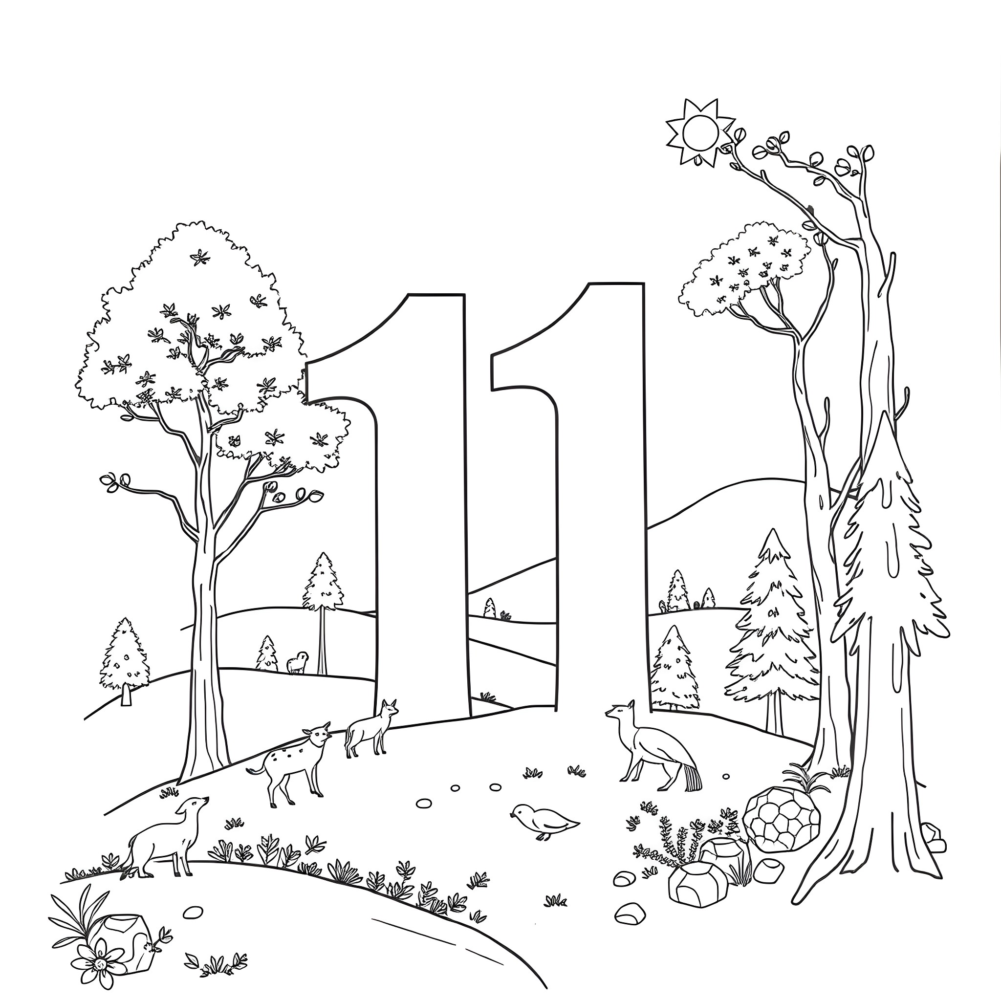 Number 11: Woodland scene with large numbers Coloring Page (free black-and-white line drawing printable PDF for all, from beginners to advanced learners, including children, teens, adults, and seniors)