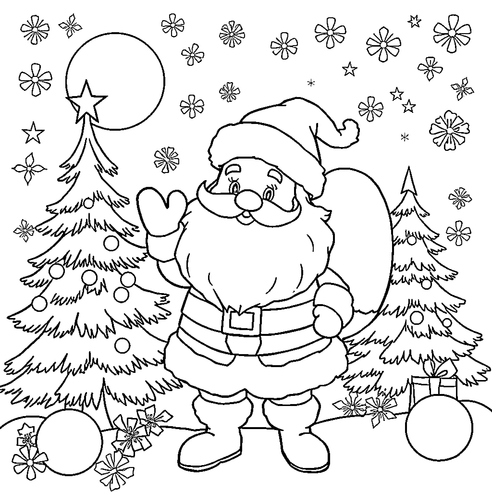 Christmas scene with Santa Claus and festive decorations Coloring Page (free black-and-white line drawing printable PDF for all, from beginners to advanced learners, including children, teens, adults, and seniors)
