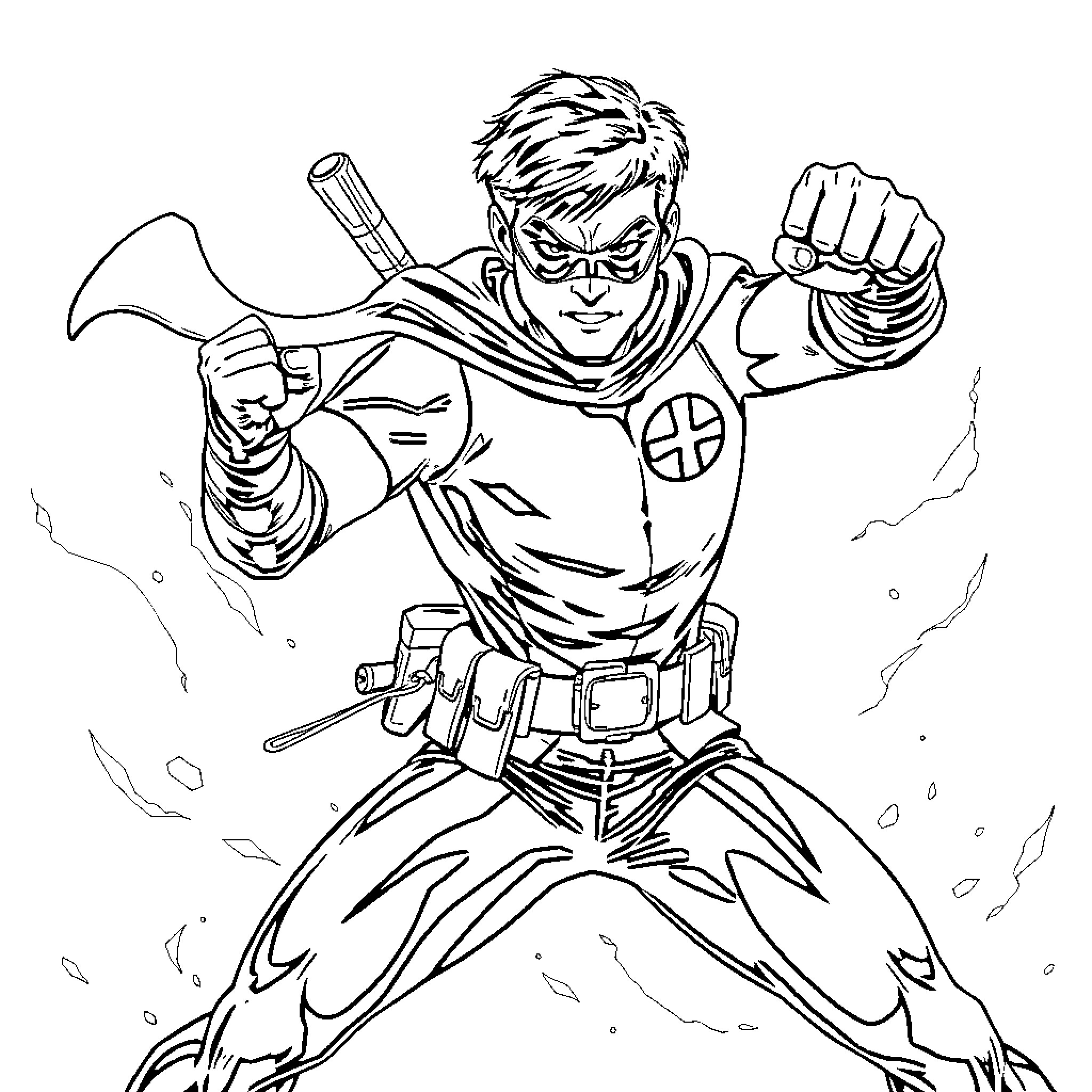 Robin's Heroic Pose in Dramatic Surroundings Coloring Page (free black-and-white line drawing printable PDF for all, from beginners to advanced learners, including children, teens, adults, and seniors)