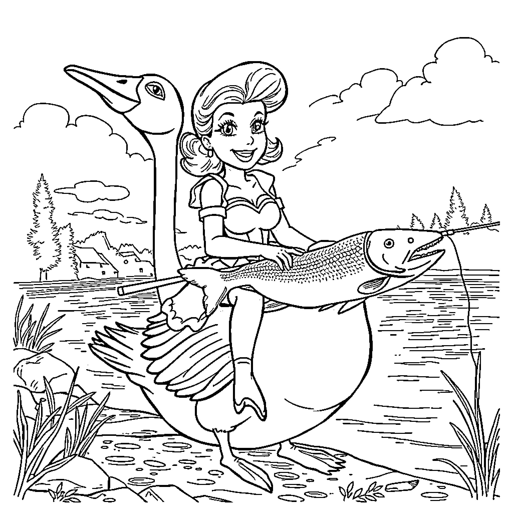 Pinup Girl Fishing with a Friendly Pelican Coloring Page (free black-and-white line drawing printable PDF for all, from beginners to advanced learners, including children, teens, adults, and seniors)