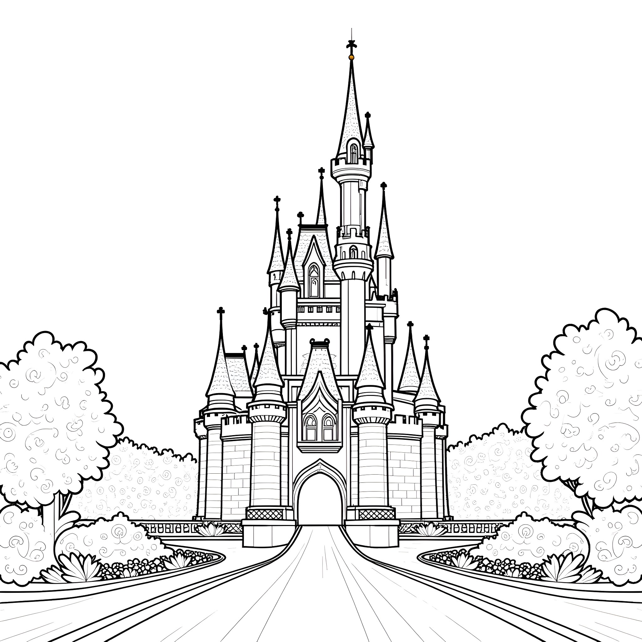 Castle on a Magical Adventure Coloring Page (free black-and-white line drawing printable PDF for all, from beginners to advanced learners, including children, teens, adults, and seniors)