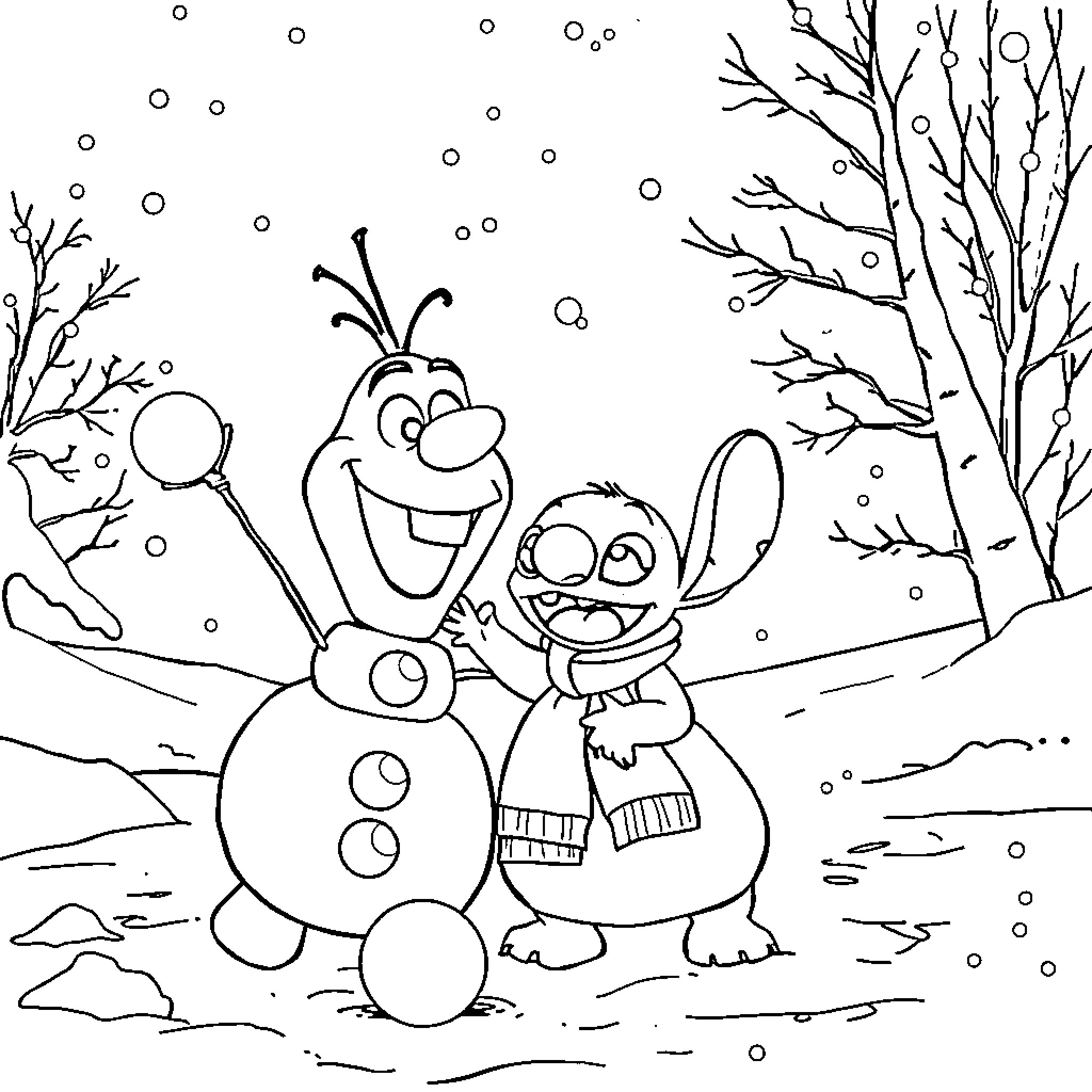 Olaf and friend building snowman in winter wonderland Coloring Page (free black-and-white line drawing printable PDF for all, from beginners to advanced learners, including children, teens, adults, and seniors)