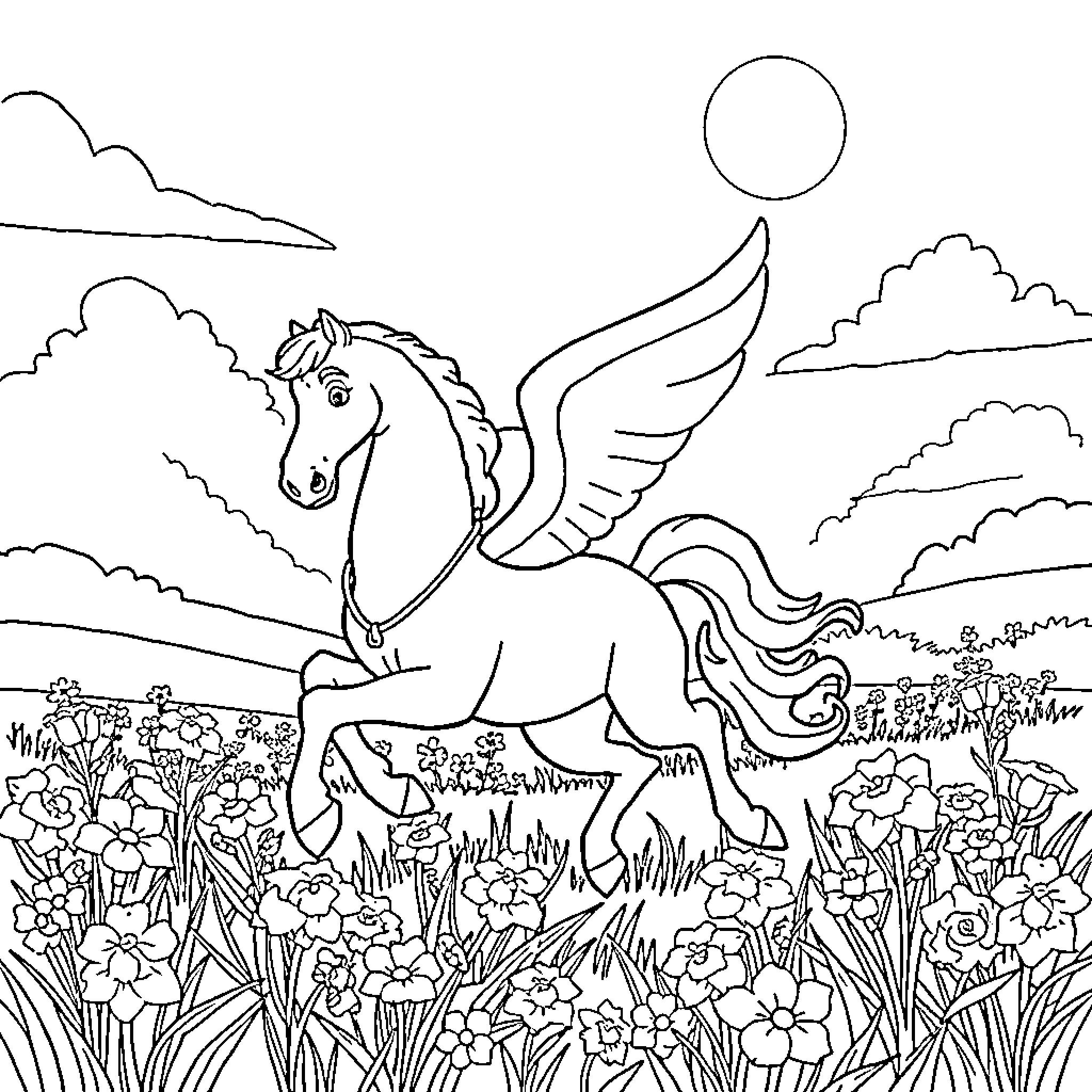 Hercules the Winged Horse Frolicking in Floral Meadow Coloring Page (free black-and-white line drawing printable PDF for all, from beginners to advanced learners, including children, teens, adults, and seniors)