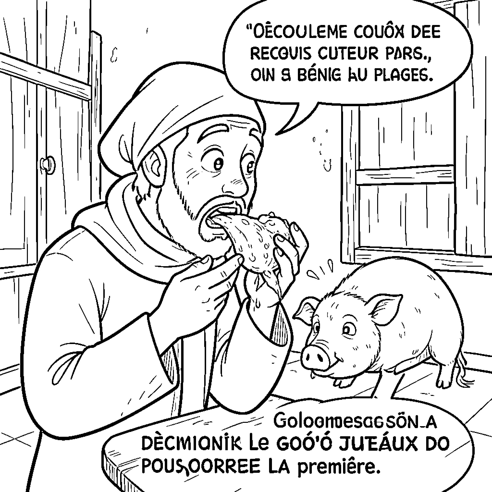 Muslim farmer feeding a piglet with compassion Coloring Page (free black-and-white line drawing printable PDF for all, from beginners to advanced learners, including children, teens, adults, and seniors)