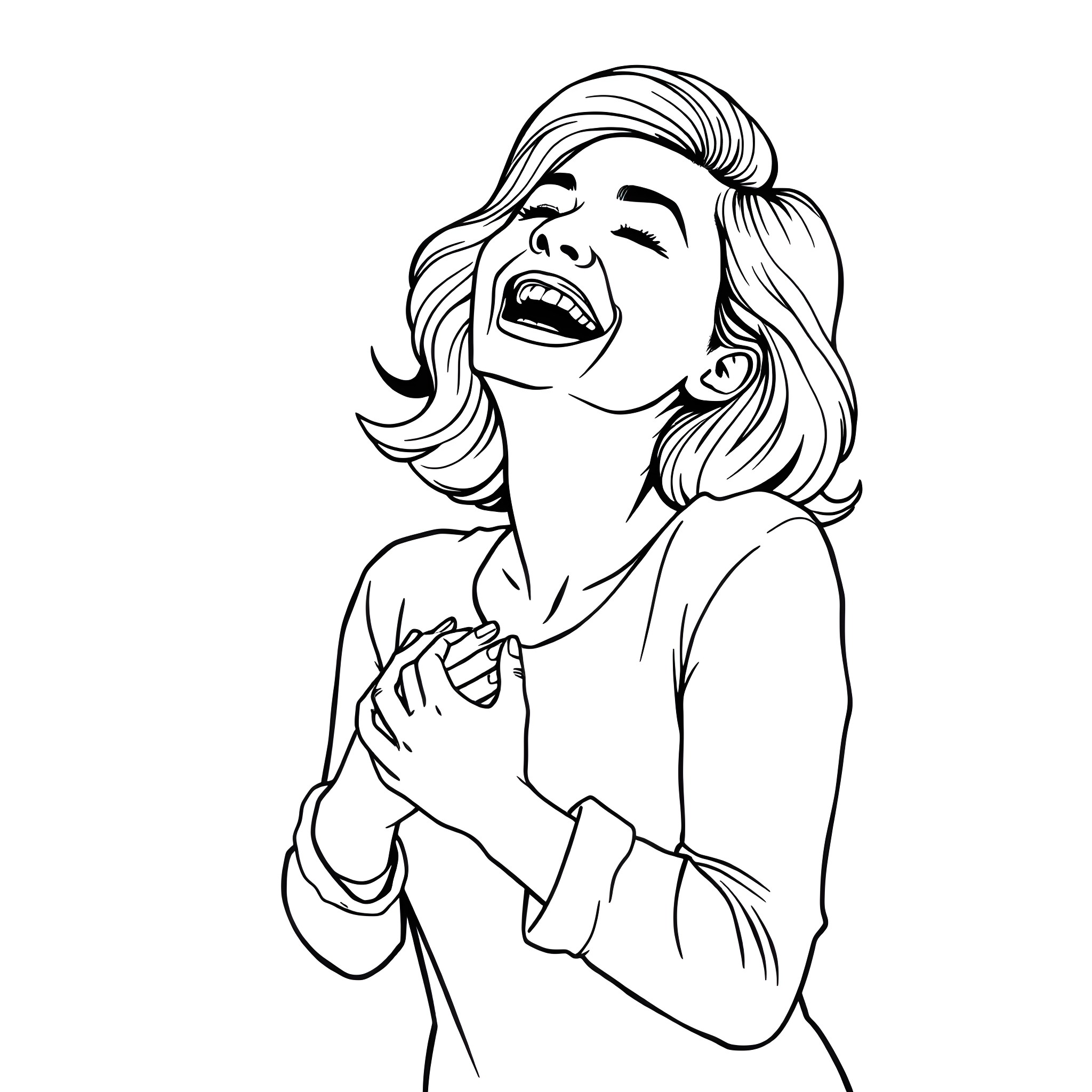 Woman laughing joyfully with arms open Coloring Page (free black-and-white line drawing printable PDF for all, from beginners to advanced learners, including children, teens, adults, and seniors)
