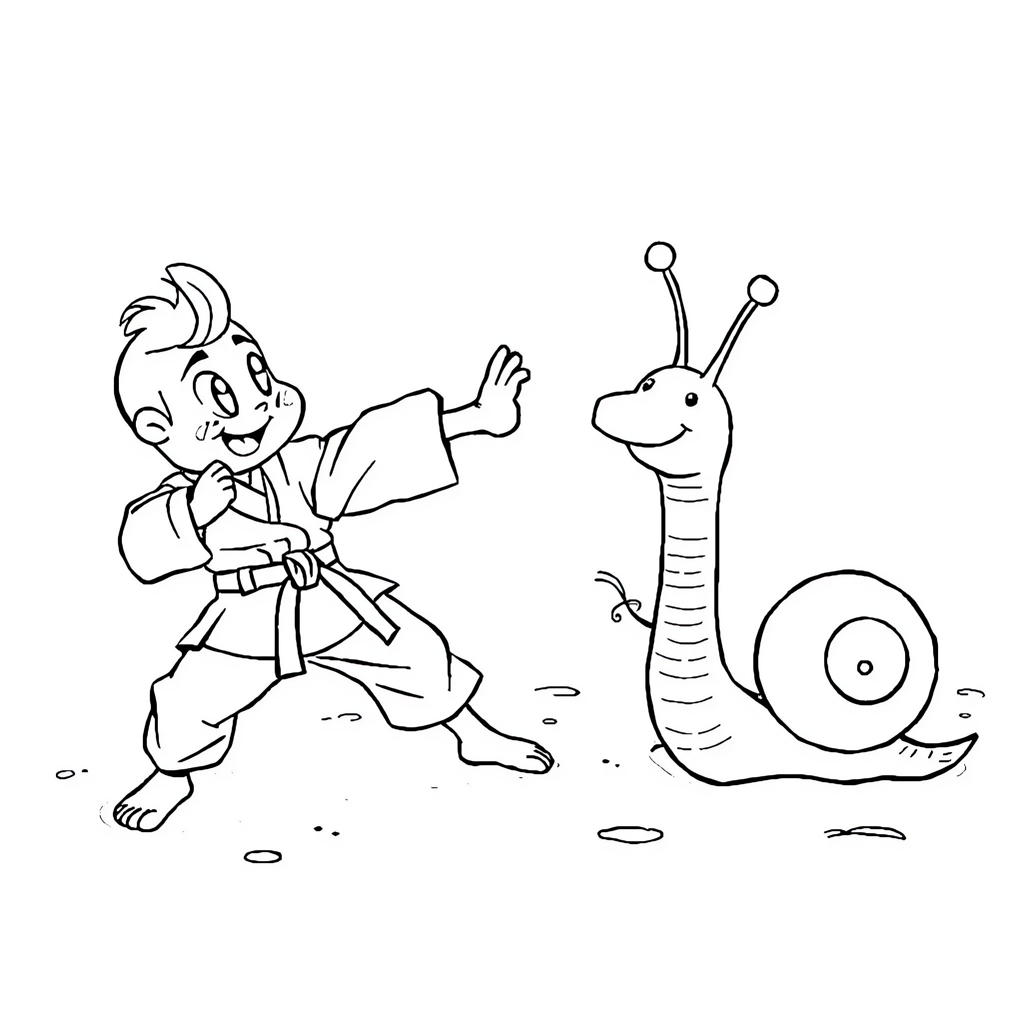 Sandy Cheeks Karate Chopping an Alien Snail Coloring Page (free black-and-white line drawing printable PDF for all, from beginners to advanced learners, including children, teens, adults, and seniors)