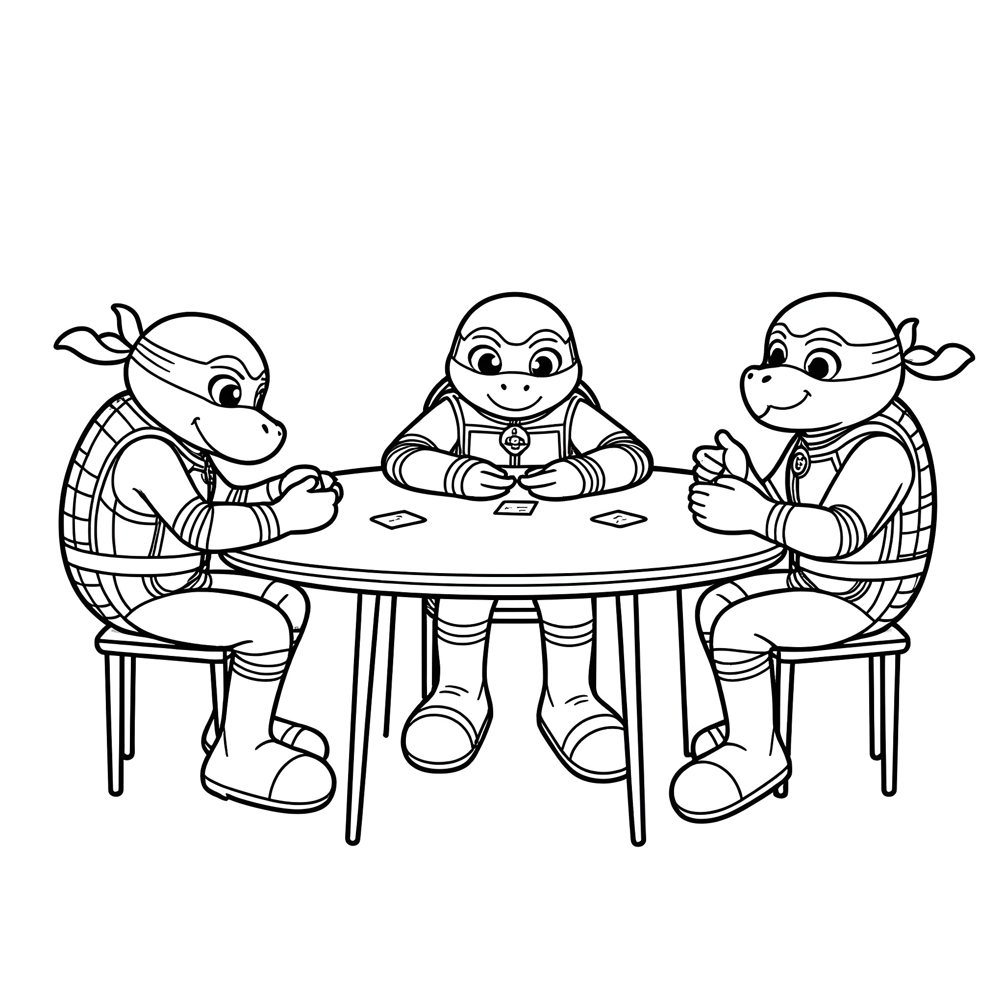 Ninja Turtles having a friendly discussion at the table Coloring Page (free black-and-white line drawing printable PDF for all, from beginners to advanced learners, including children, teens, adults, and seniors)