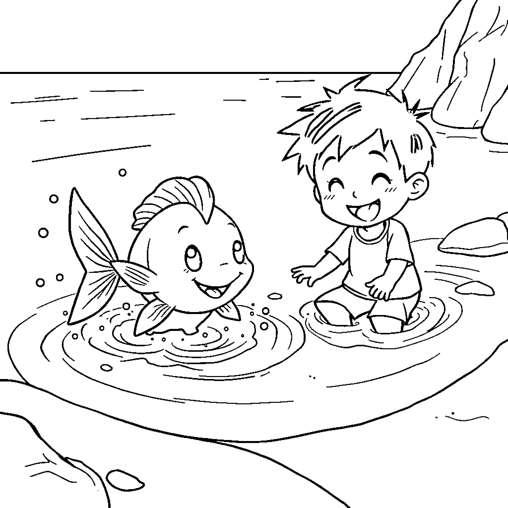 Ponyo playing in the water with young boy Coloring Page (free black-and-white line drawing printable PDF for all, from beginners to advanced learners, including children, teens, adults, and seniors)