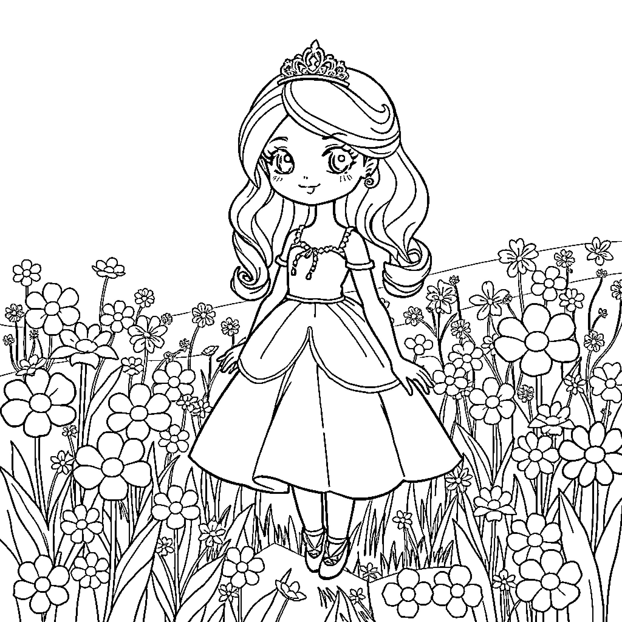 Doll Princess Standing Amidst Blooming Flowers Coloring Page (free black-and-white line drawing printable PDF for all, from beginners to advanced learners, including children, teens, adults, and seniors)