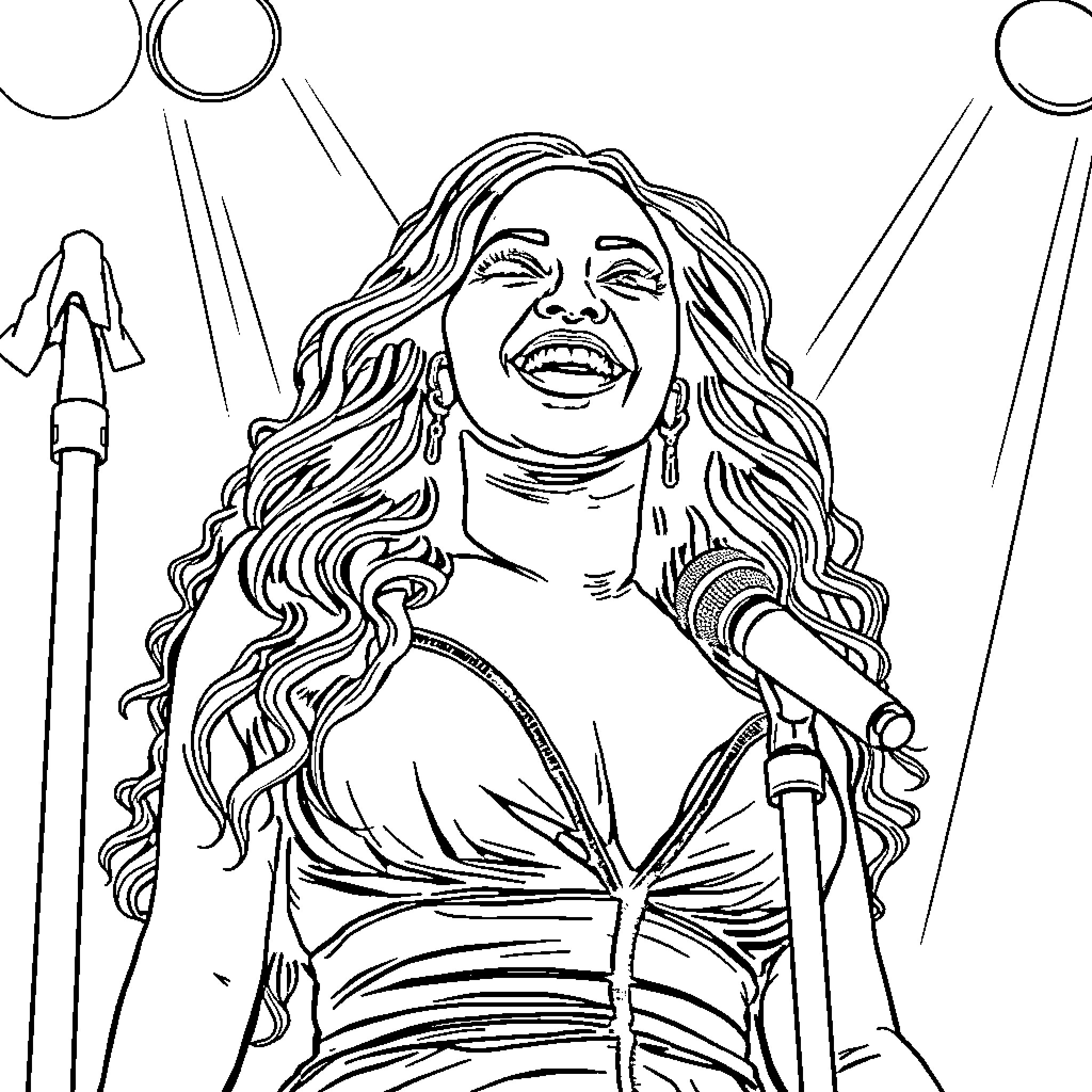 Beyonce performing on stage with passion Coloring Page (free black-and-white line drawing printable PDF for all, from beginners to advanced learners, including children, teens, adults, and seniors)