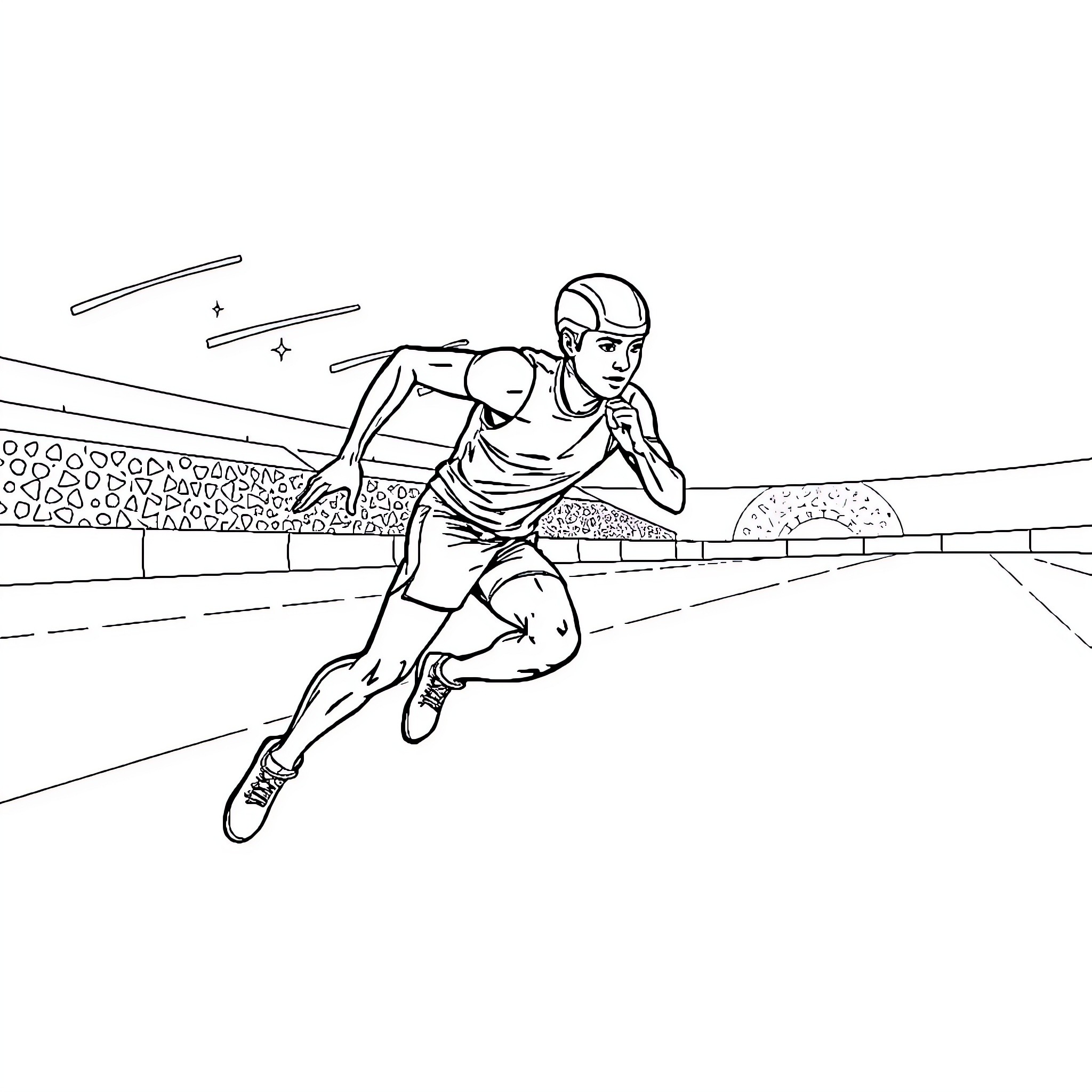 Pista of a determined athlete sprinting on the track Coloring Page (free black-and-white line drawing printable PDF for all, from beginners to advanced learners, including children, teens, adults, and seniors)