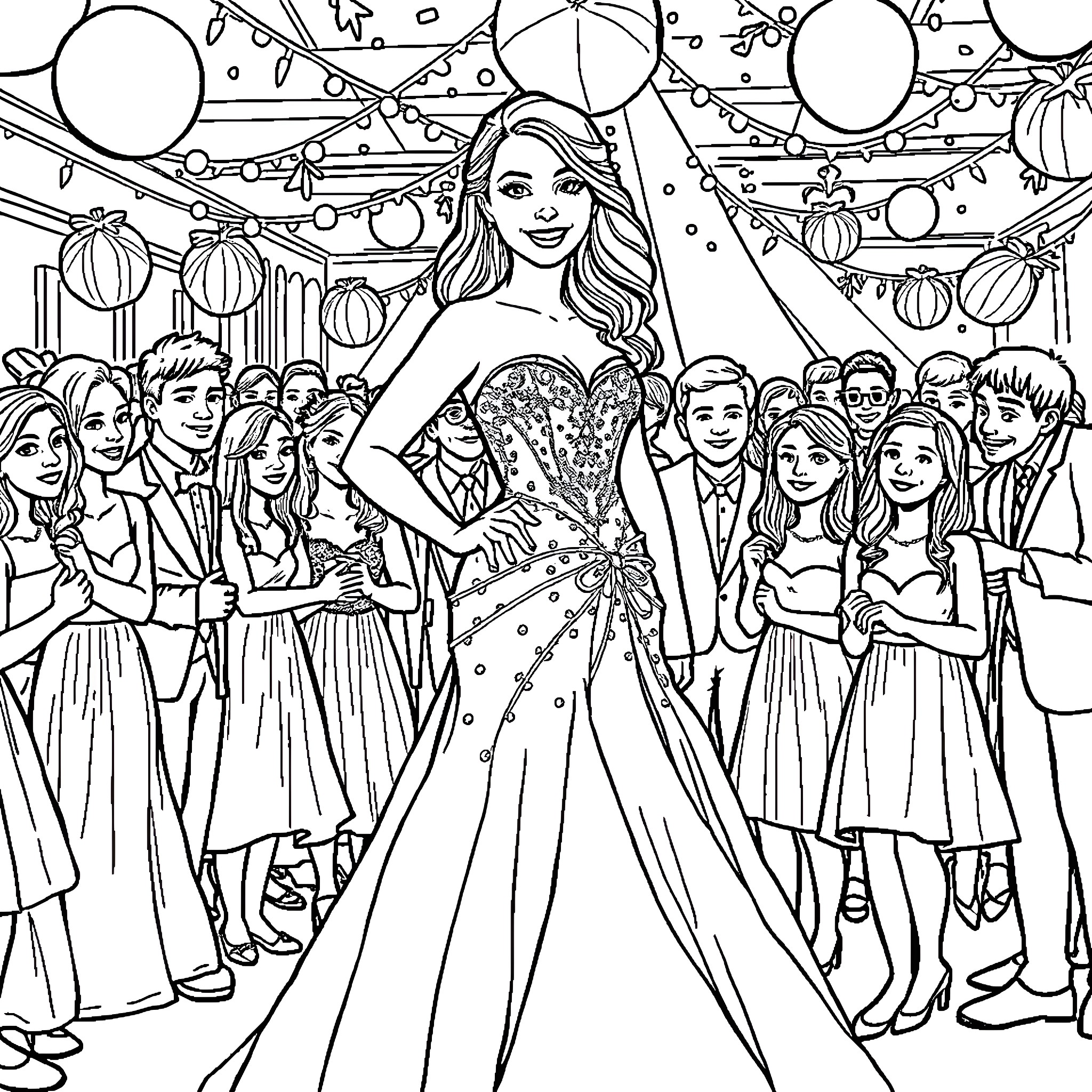 Sydney Sweeney enjoying a glamorous party with friends Coloring Page (free black-and-white line drawing printable PDF for all, from beginners to advanced learners, including children, teens, adults, and seniors)