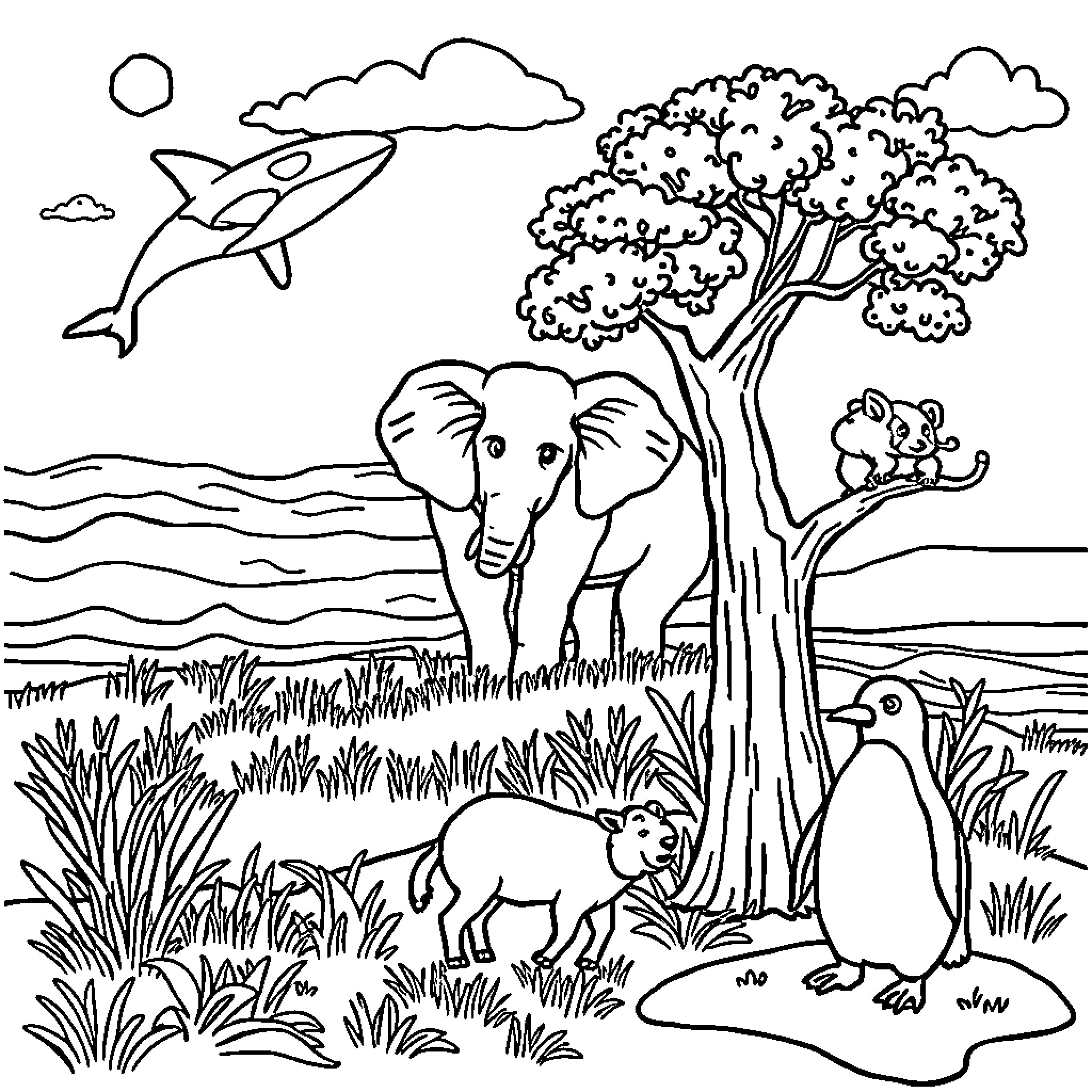 Orca soaring over safari scene with elephant and monkeys Coloring Page (free black-and-white line drawing printable PDF for all, from beginners to advanced learners, including children, teens, adults, and seniors)