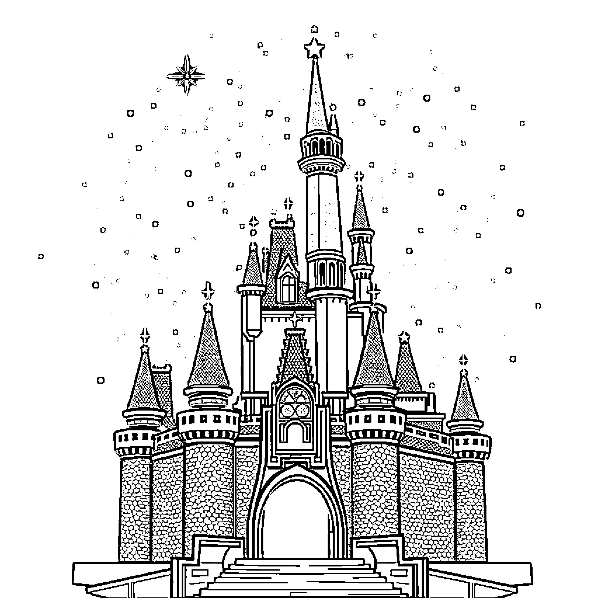 Castle of enchantment and wonder Coloring Page (free black-and-white line drawing printable PDF for all, from beginners to advanced learners, including children, teens, adults, and seniors)
