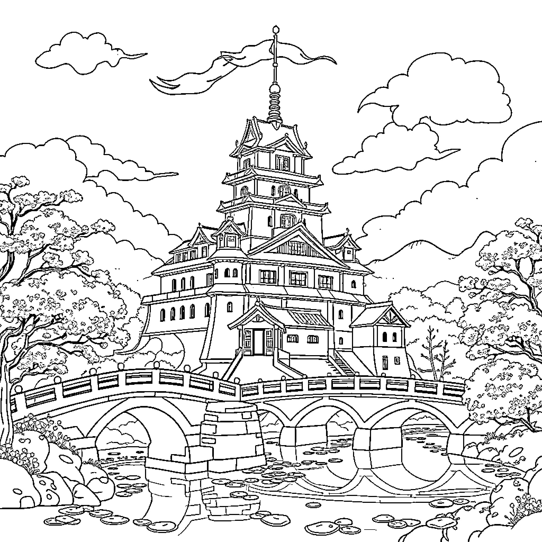 Castle with Architectural Details in Scenic Landscape Coloring Page (free black-and-white line drawing printable PDF for all, from beginners to advanced learners, including children, teens, adults, and seniors)