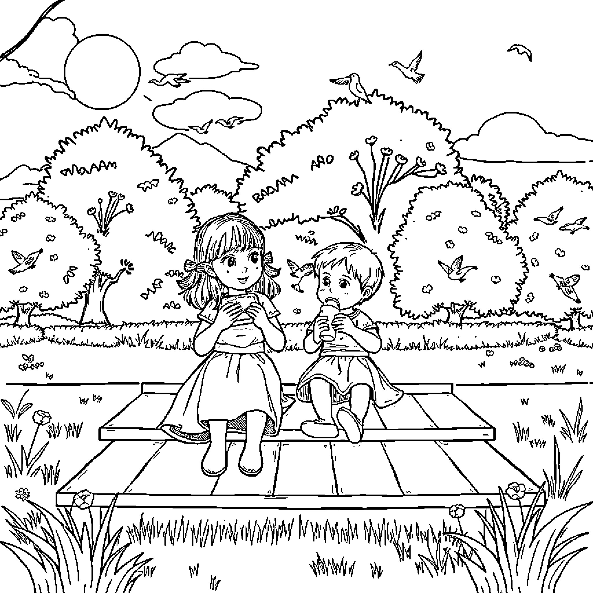 Girl and boy sitting on a bench in nature Coloring Page (free black-and-white line drawing printable PDF for all, from beginners to advanced learners, including children, teens, adults, and seniors)