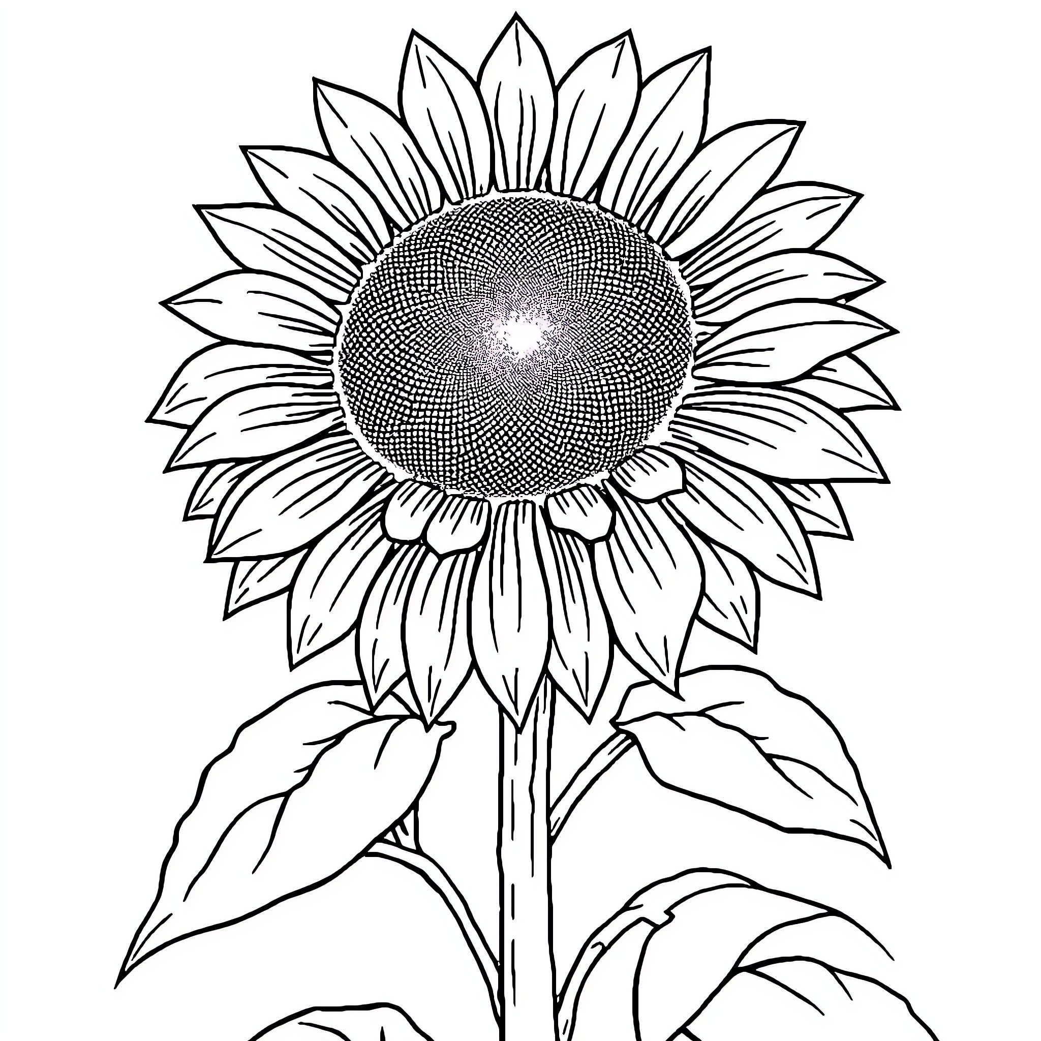 Sunflower in detailed line art illustration Coloring Page (free black-and-white line drawing printable PDF for all, from beginners to advanced learners, including children, teens, adults, and seniors)