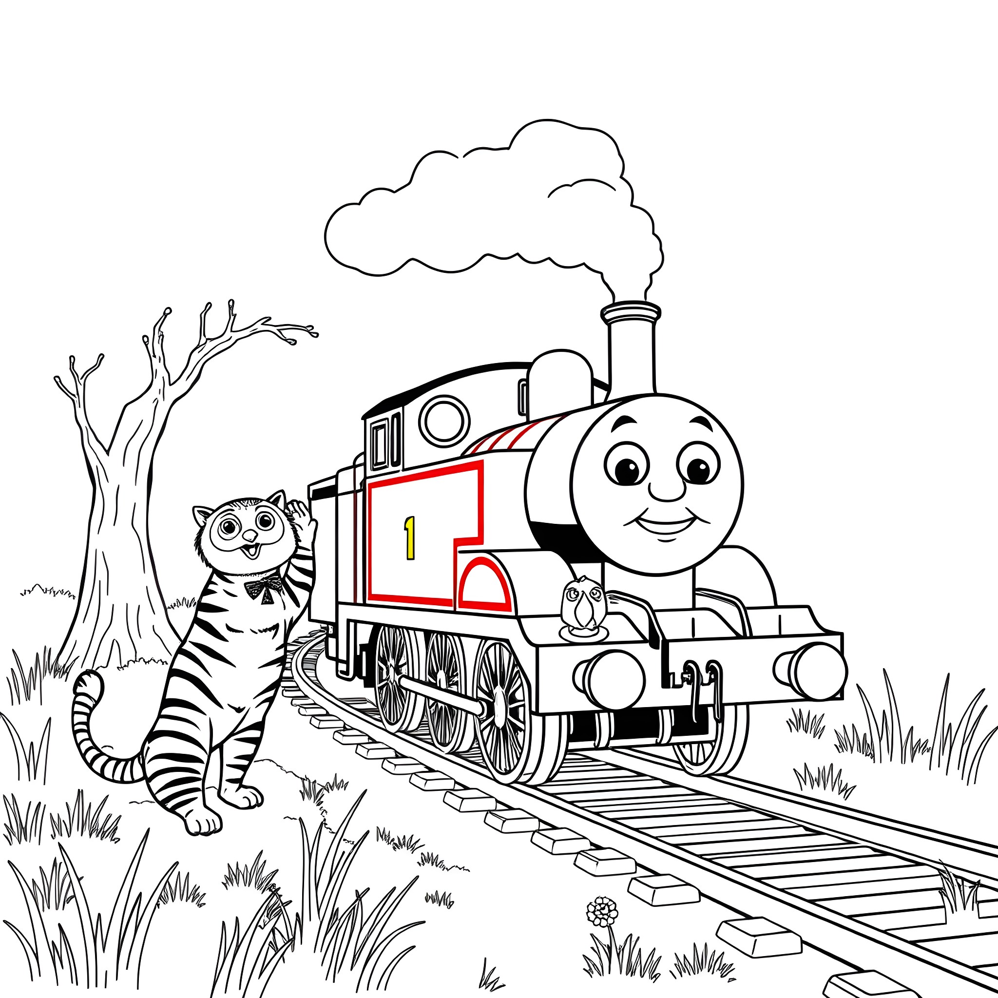 Thomas the Train Engine and a Striped Cat on the Tracks Coloring Page (free black-and-white line drawing printable PDF for all, from beginners to advanced learners, including children, teens, adults, and seniors)