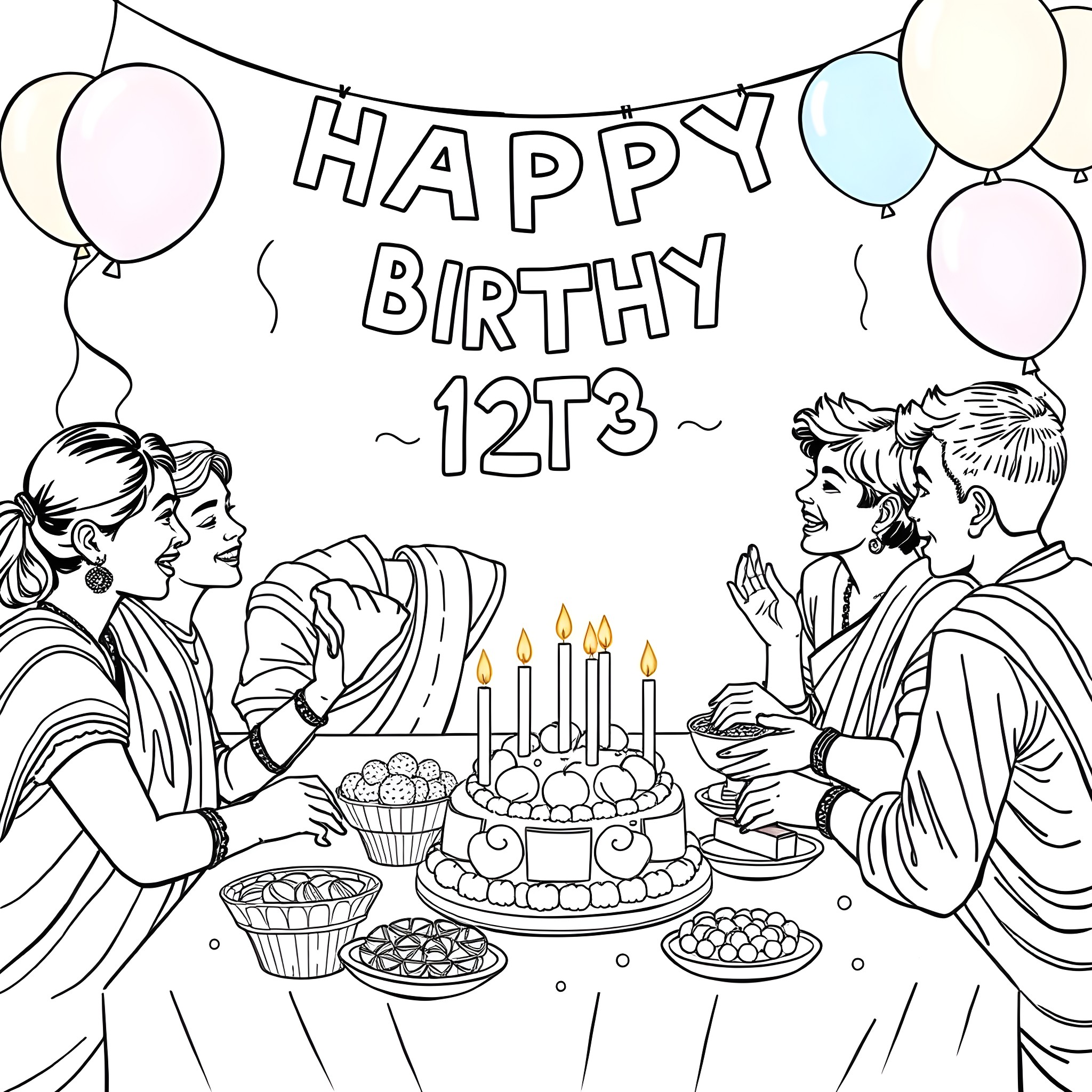 Boy celebrating birthday with friends and family Coloring Page (free black-and-white line drawing printable PDF for all, from beginners to advanced learners, including children, teens, adults, and seniors)