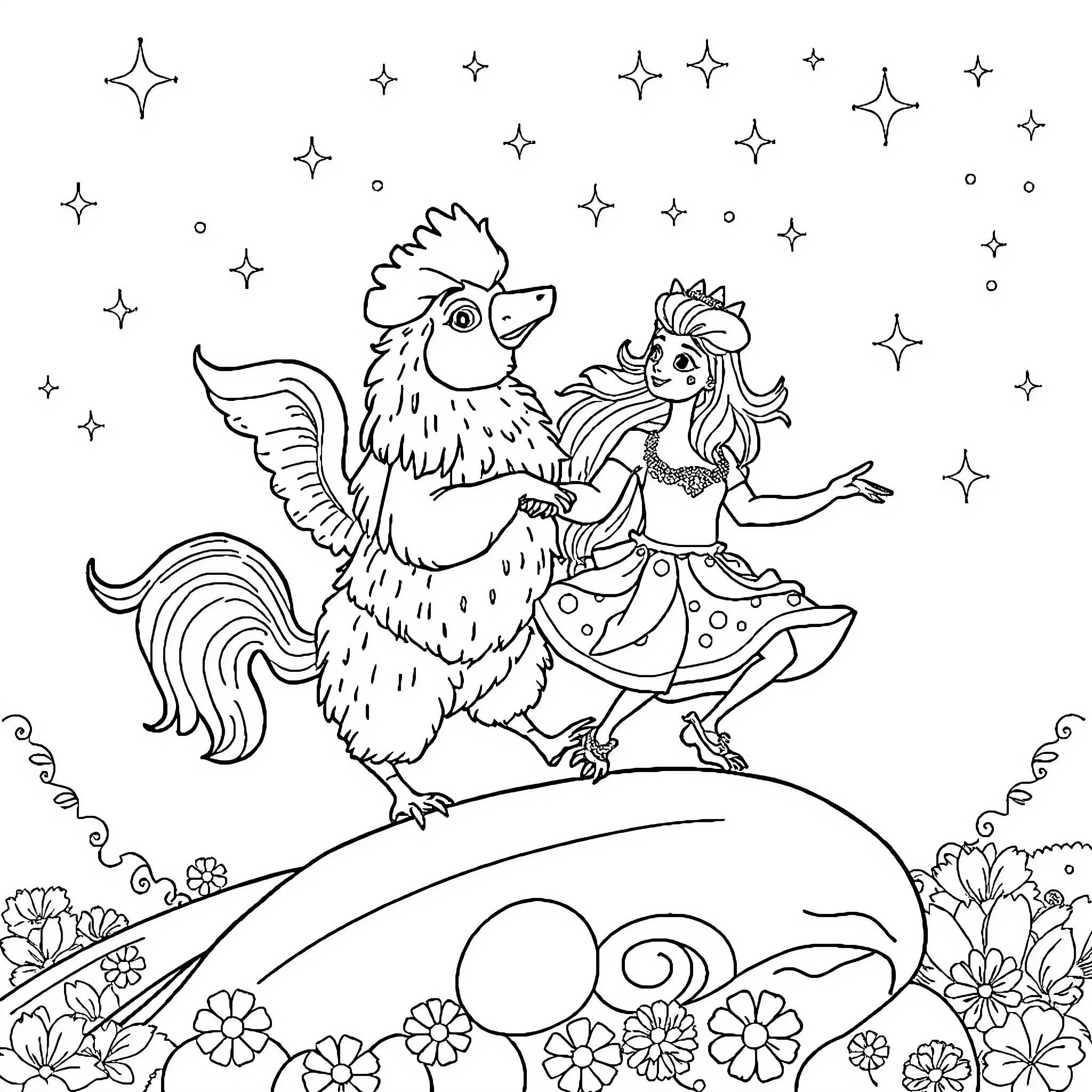 Unicorn and rider in magical starry night Coloring Page (free black-and-white line drawing printable PDF for all, from beginners to advanced learners, including children, teens, adults, and seniors)