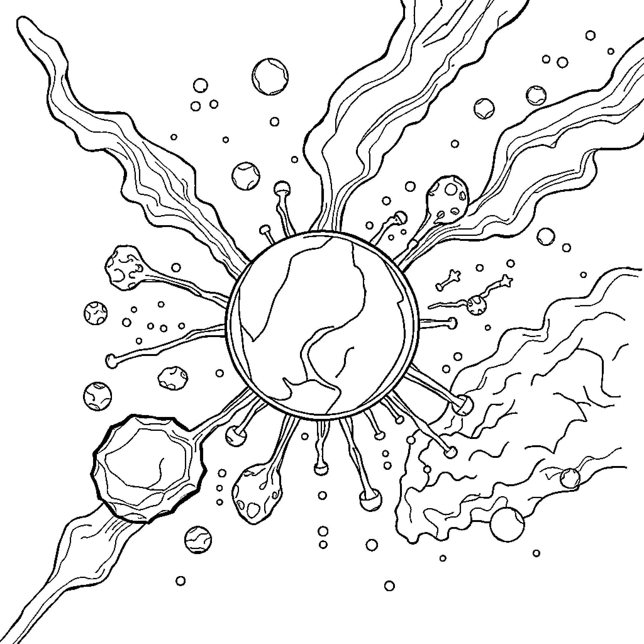 Matter in cosmic dance of celestial bodies Coloring Page (free black-and-white line drawing printable PDF for all, from beginners to advanced learners, including children, teens, adults, and seniors)