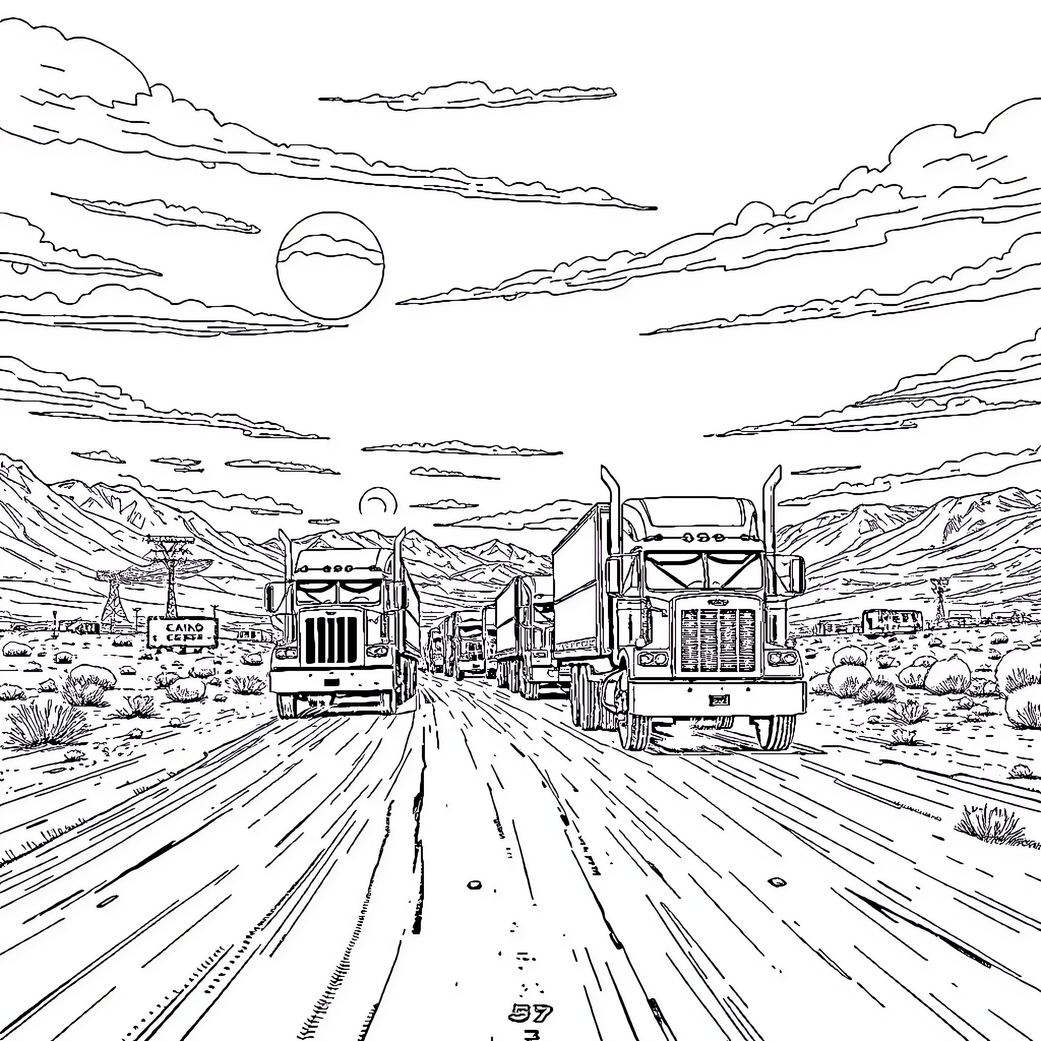 Truck convoy traversing remote desert landscape Coloring Page (free black-and-white line drawing printable PDF for all, from beginners to advanced learners, including children, teens, adults, and seniors)