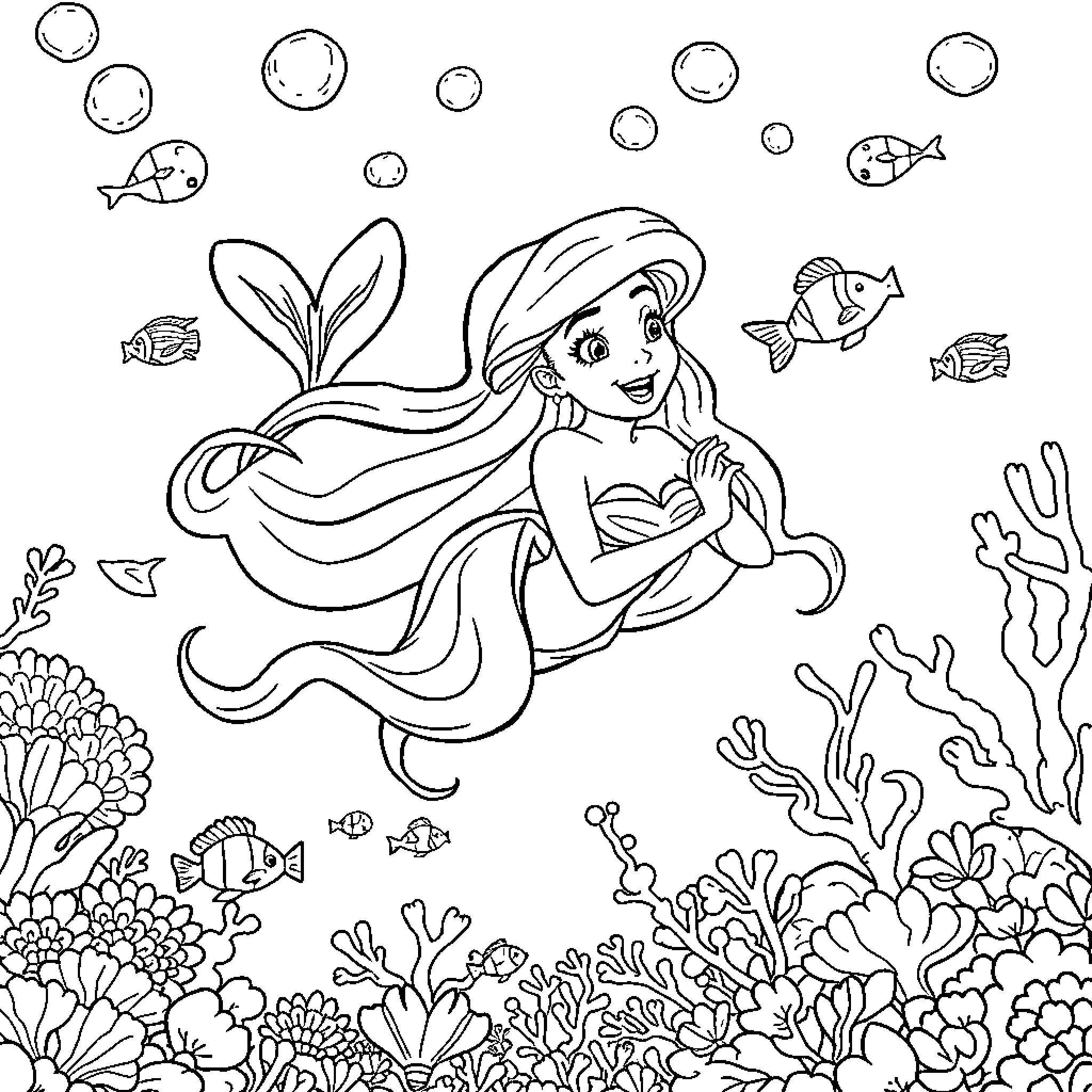 Ariel's Underwater Adventure Coloring Page (free black-and-white line drawing printable PDF for all, from beginners to advanced learners, including children, teens, adults, and seniors)
